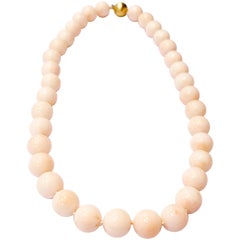  Natural Angel Skin Coral Bead Necklace with an 18 Karat Gold Ball Clasp
