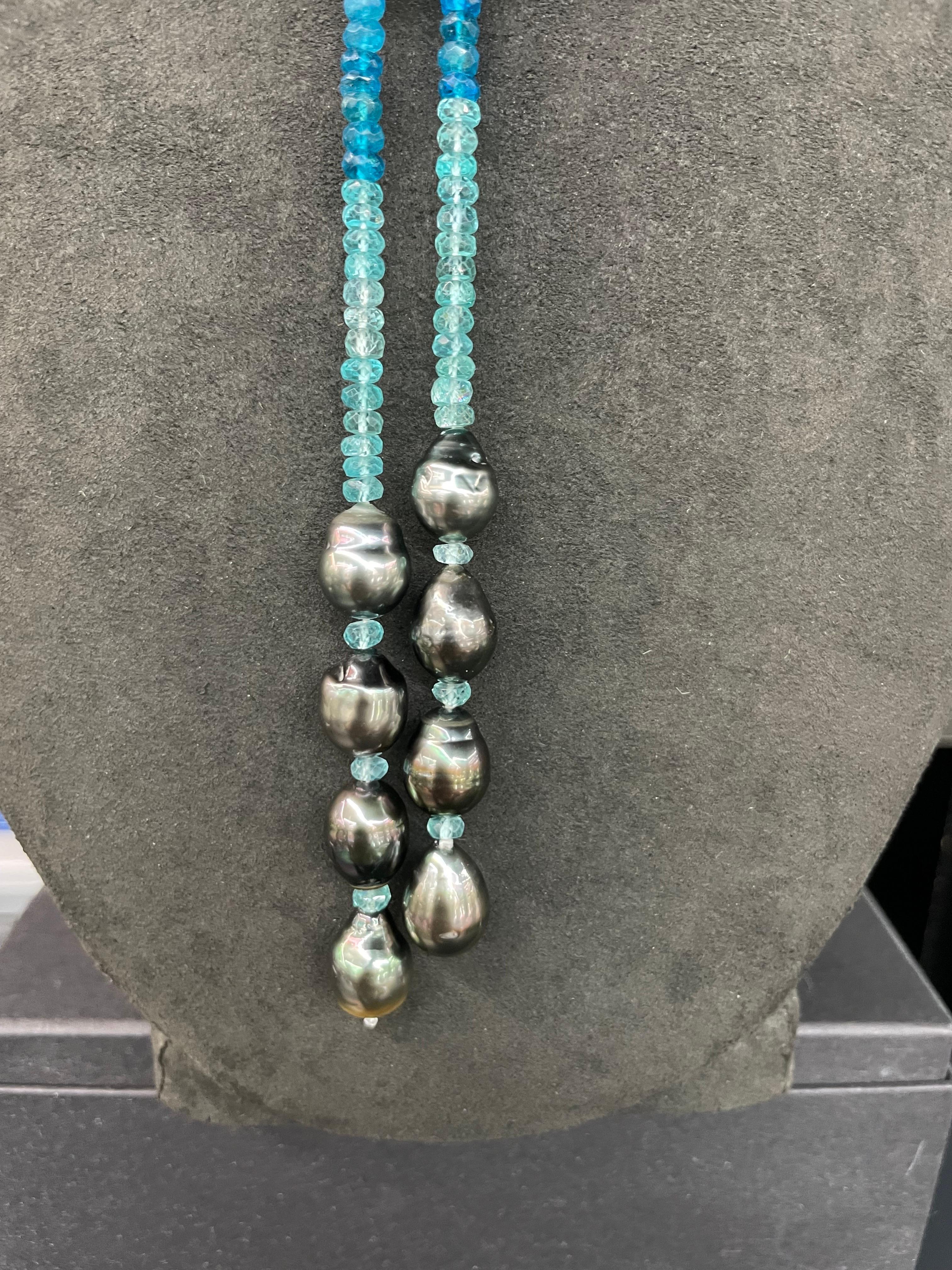 Contemporary Strand of Apatite Tahitian Pearl Tassel Necklace 50 Inches Long For Sale