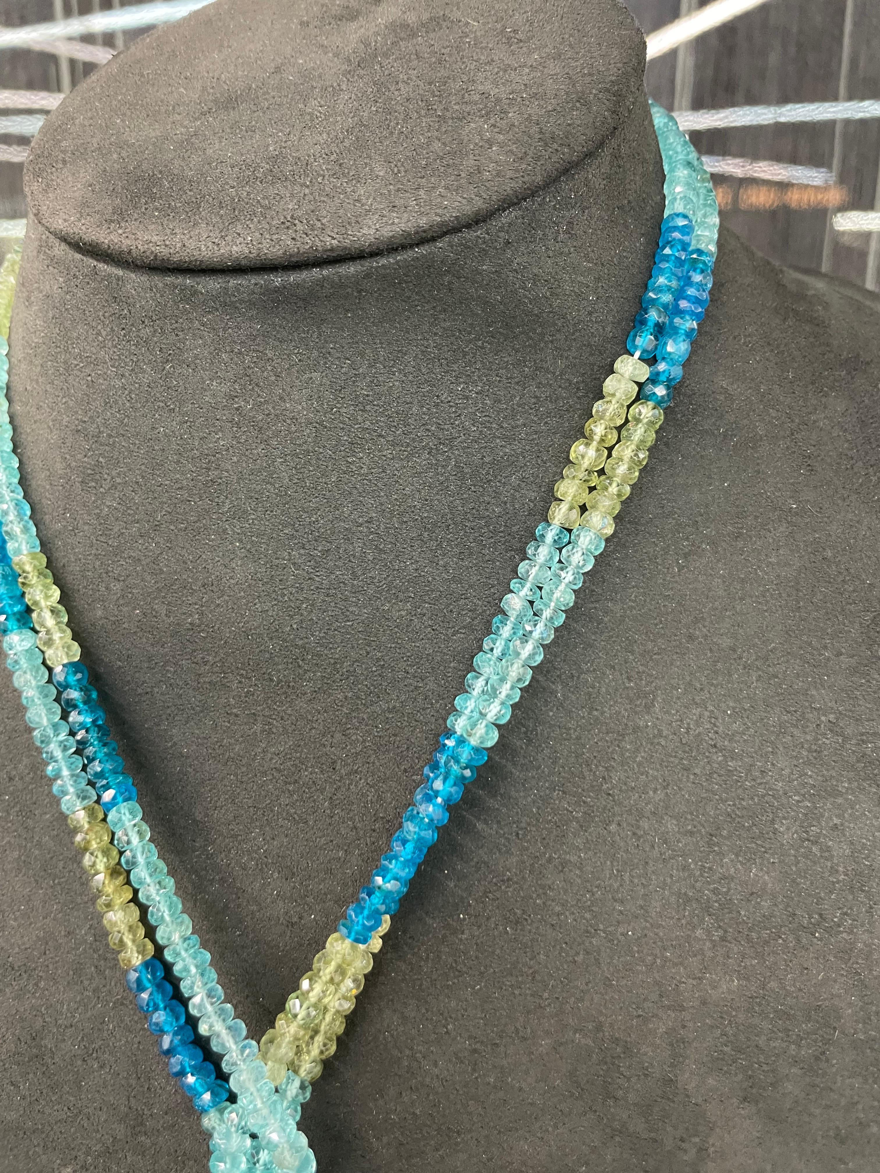 Round Cut Strand of Apatite Tahitian Pearl Tassel Necklace 50 Inches Long For Sale