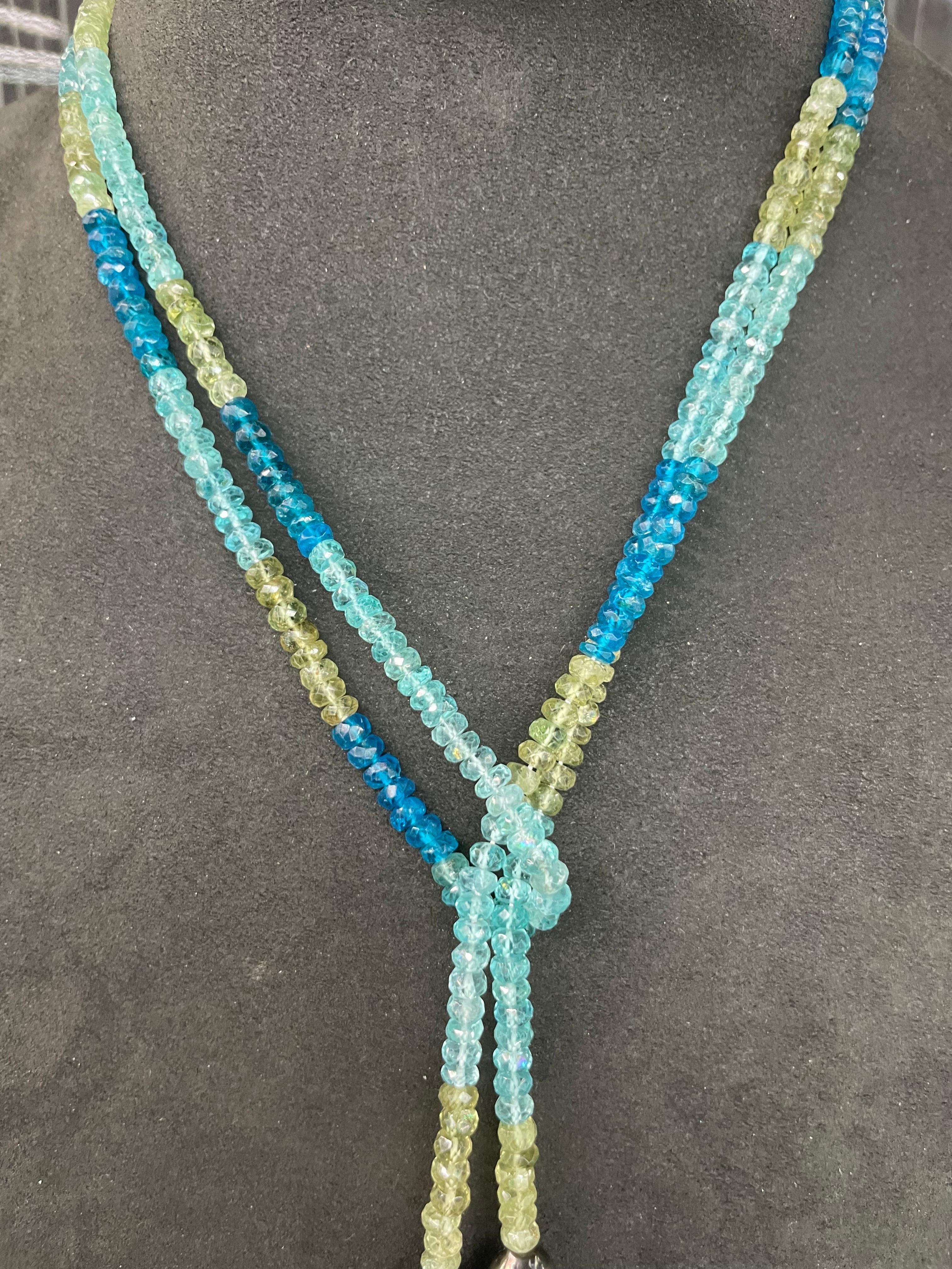 Strand of Apatite Tahitian Pearl Tassel Necklace 50 Inches Long In New Condition For Sale In New York, NY