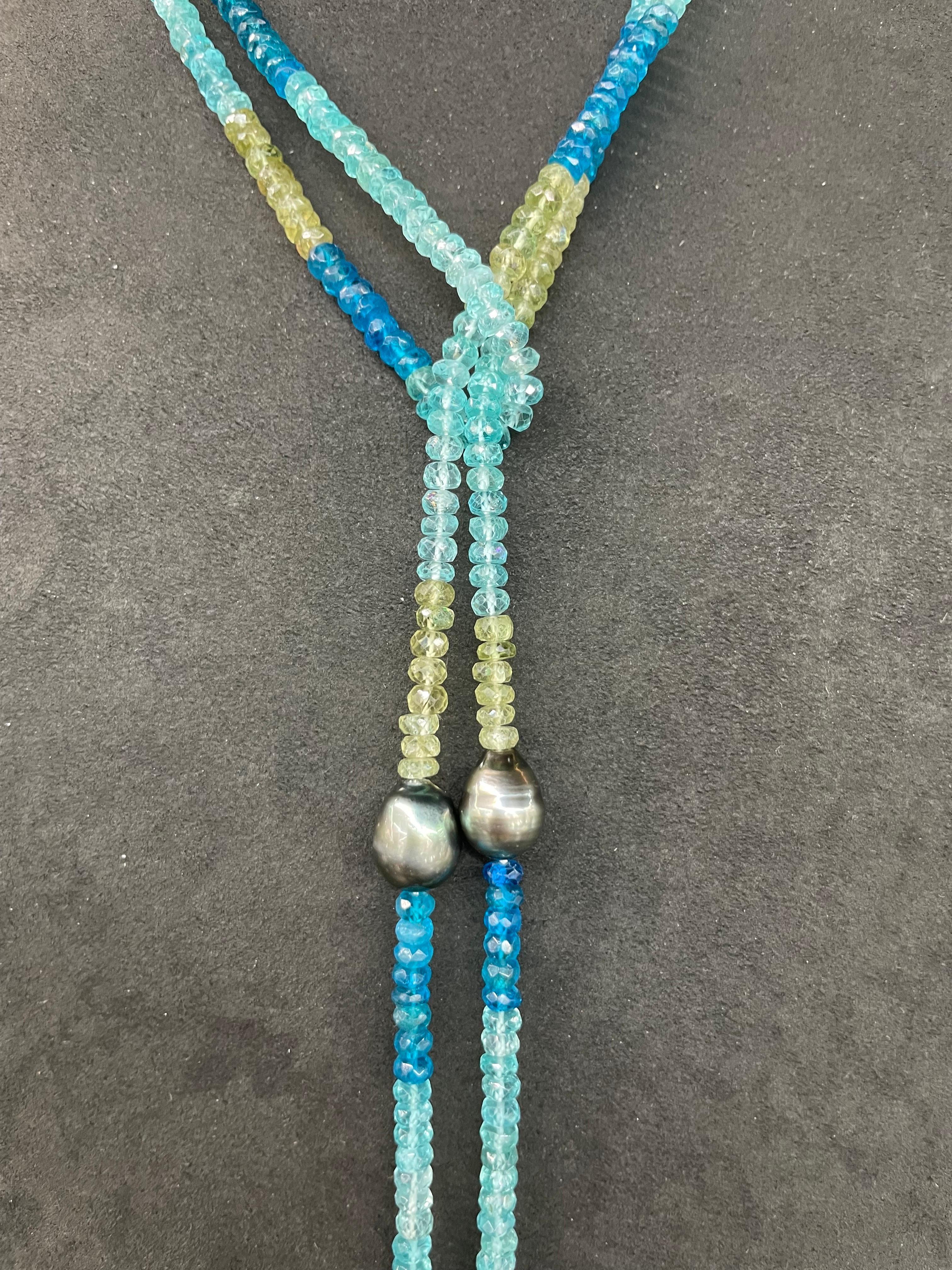 Women's Strand of Apatite Tahitian Pearl Tassel Necklace 50 Inches Long For Sale