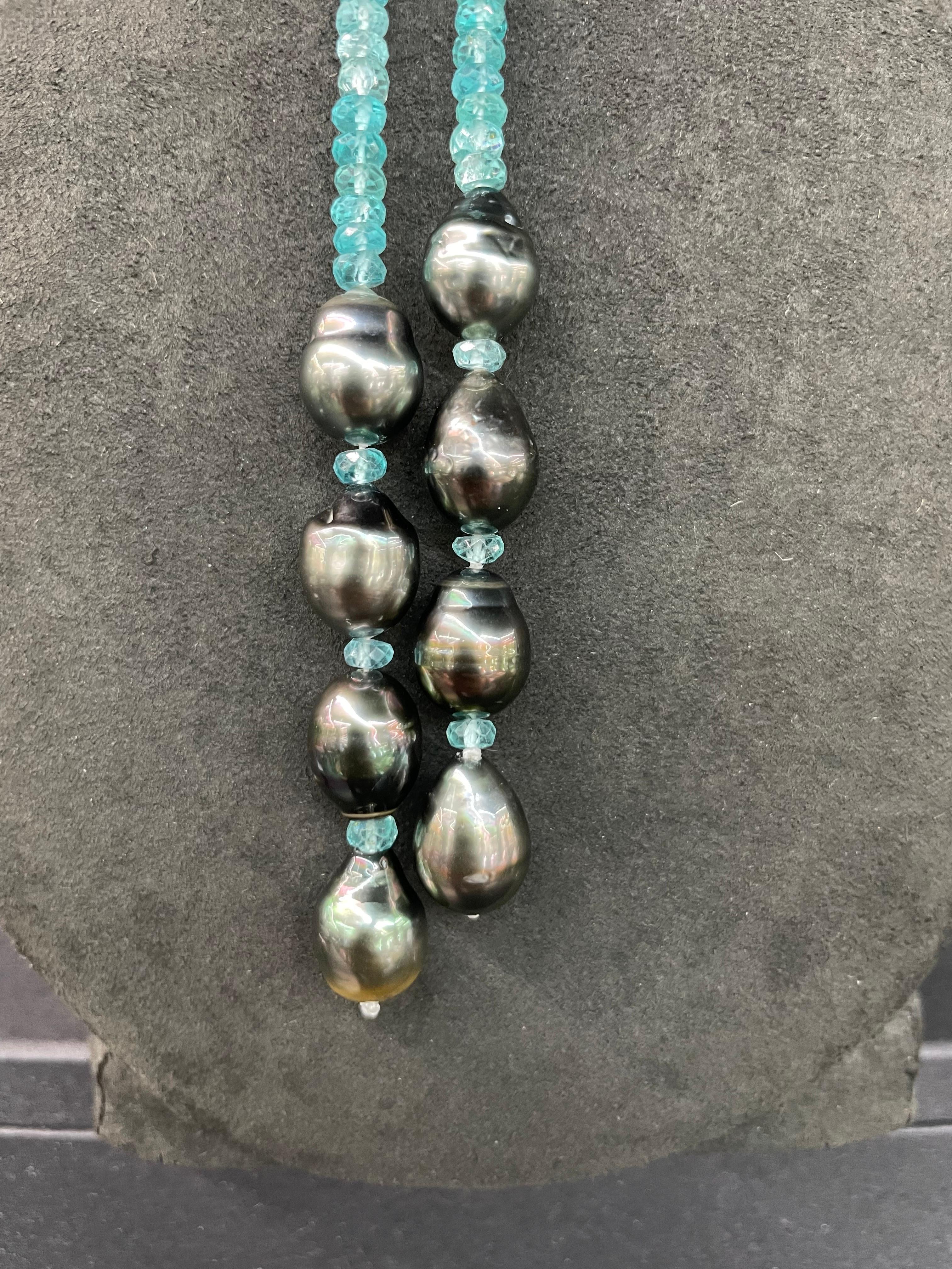 Strand of Apatite Tahitian Pearl Tassel Necklace 50 Inches Long For Sale 1