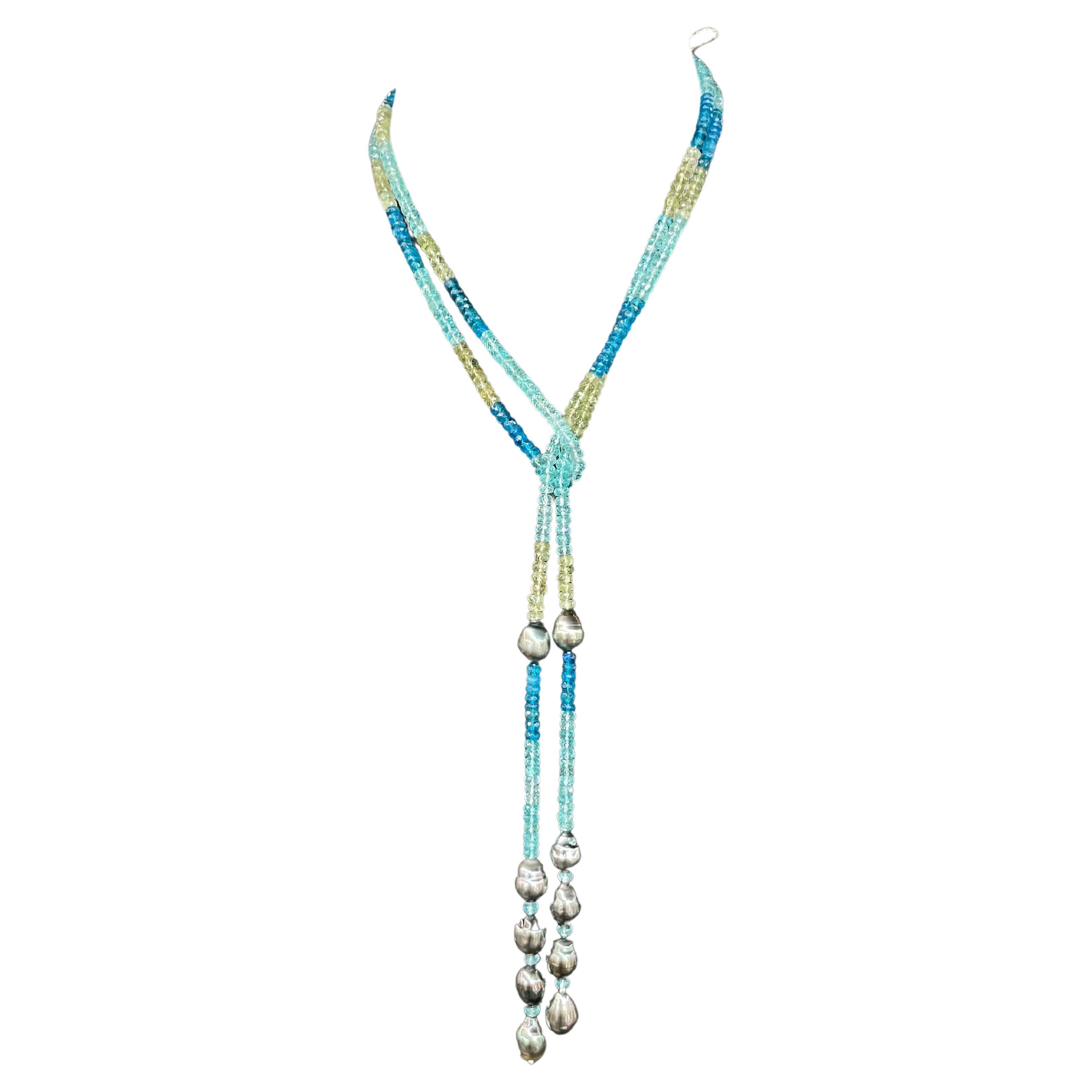 Strand of Apatite Tahitian Pearl Tassel Necklace 50 Inches Long For Sale