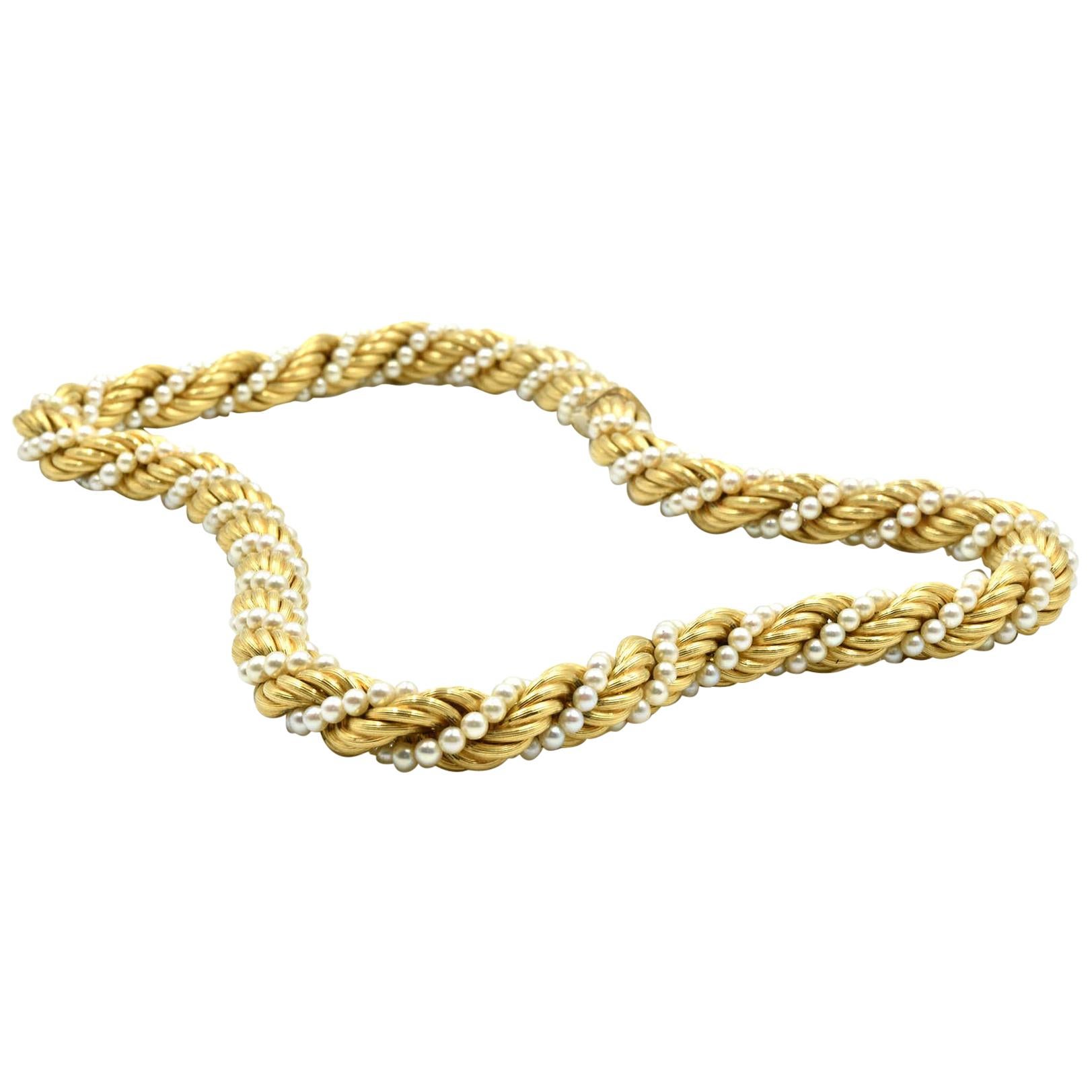 Strand of Braided Gold with Cultured Pearls Necklace