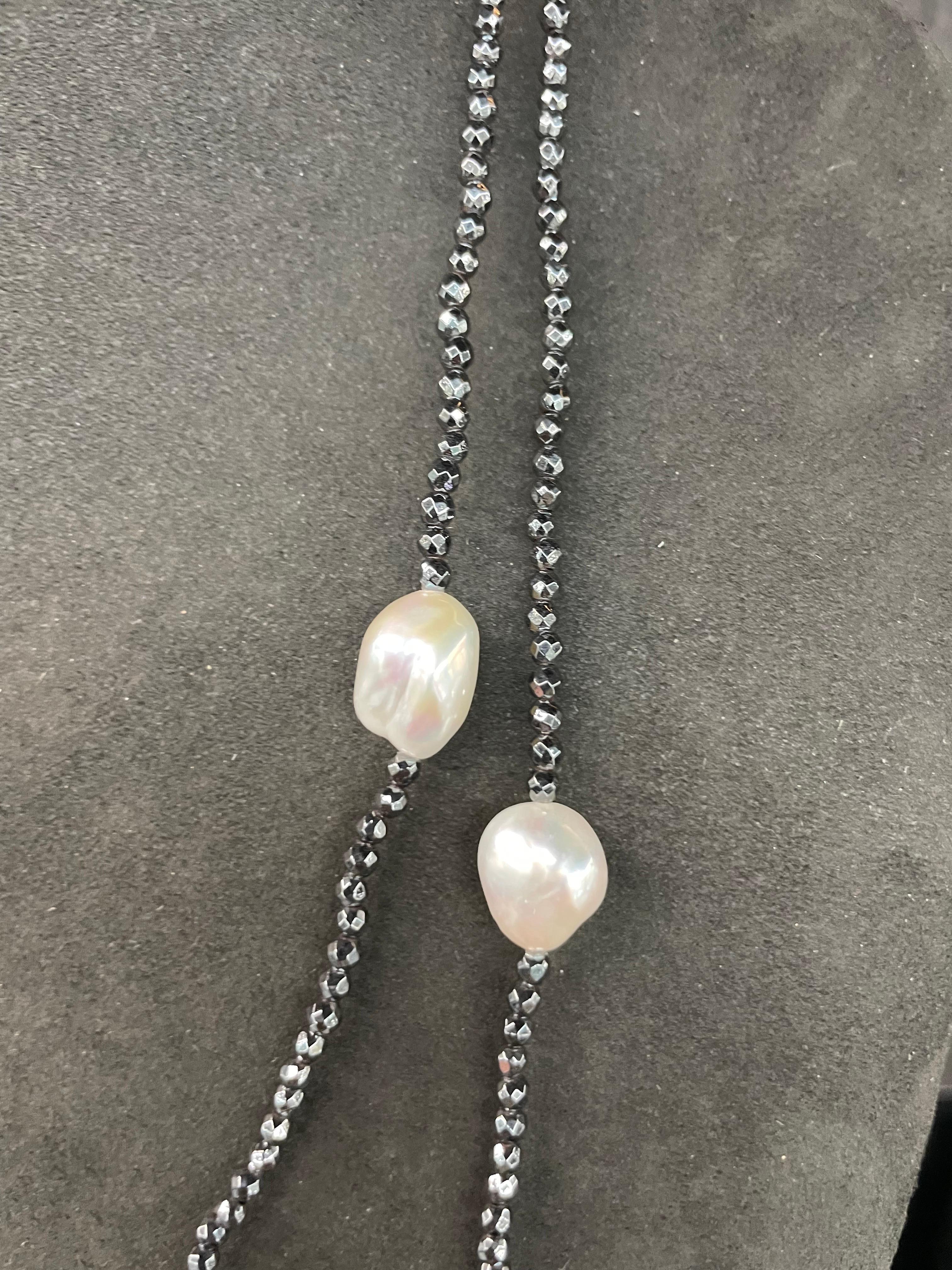 Contemporary Strand of Hematite White Pearl Multi-Strand Necklace 50 Inches For Sale