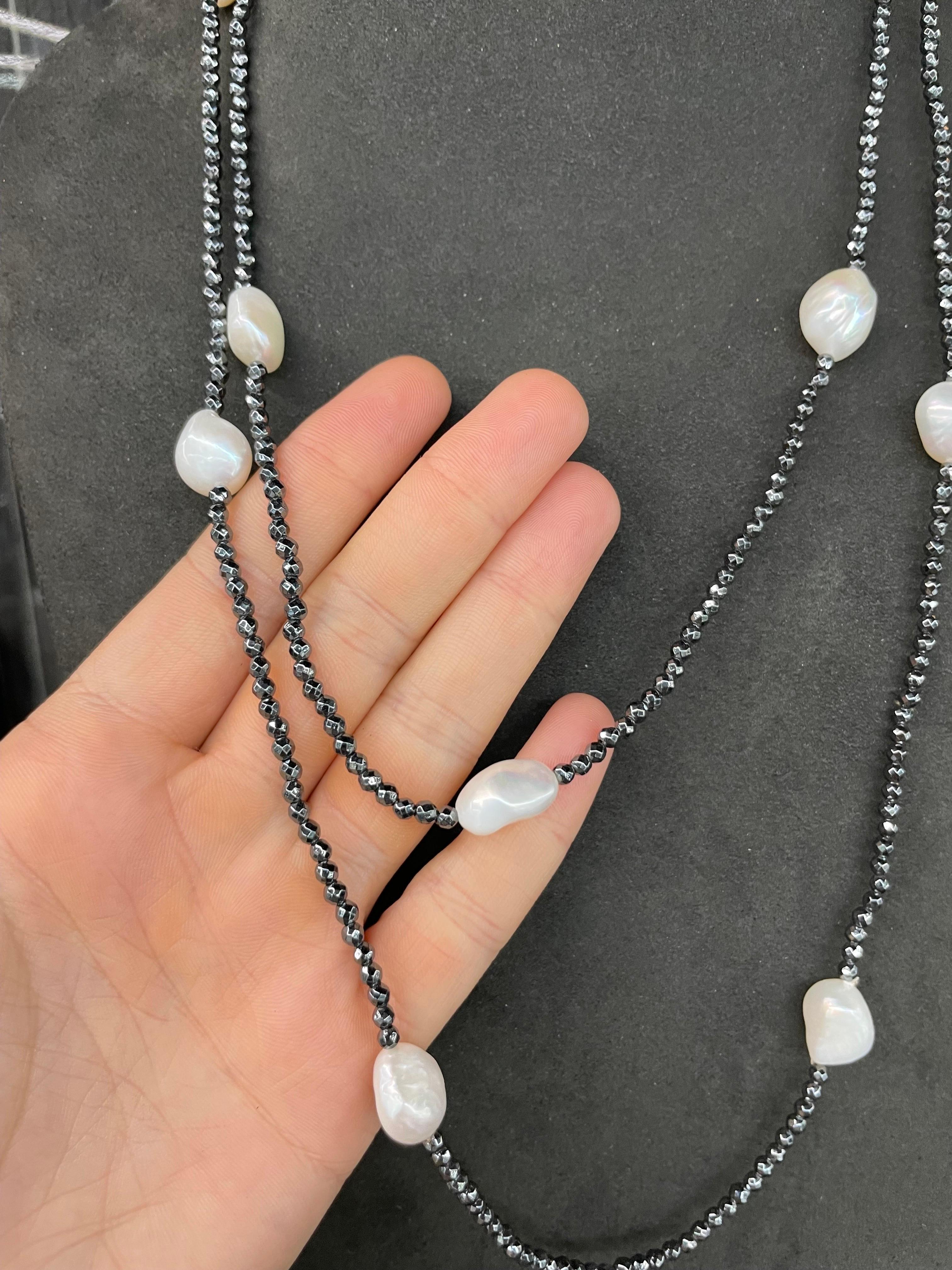 Round Cut Strand of Hematite White Pearl Multi-Strand Necklace 50 Inches For Sale