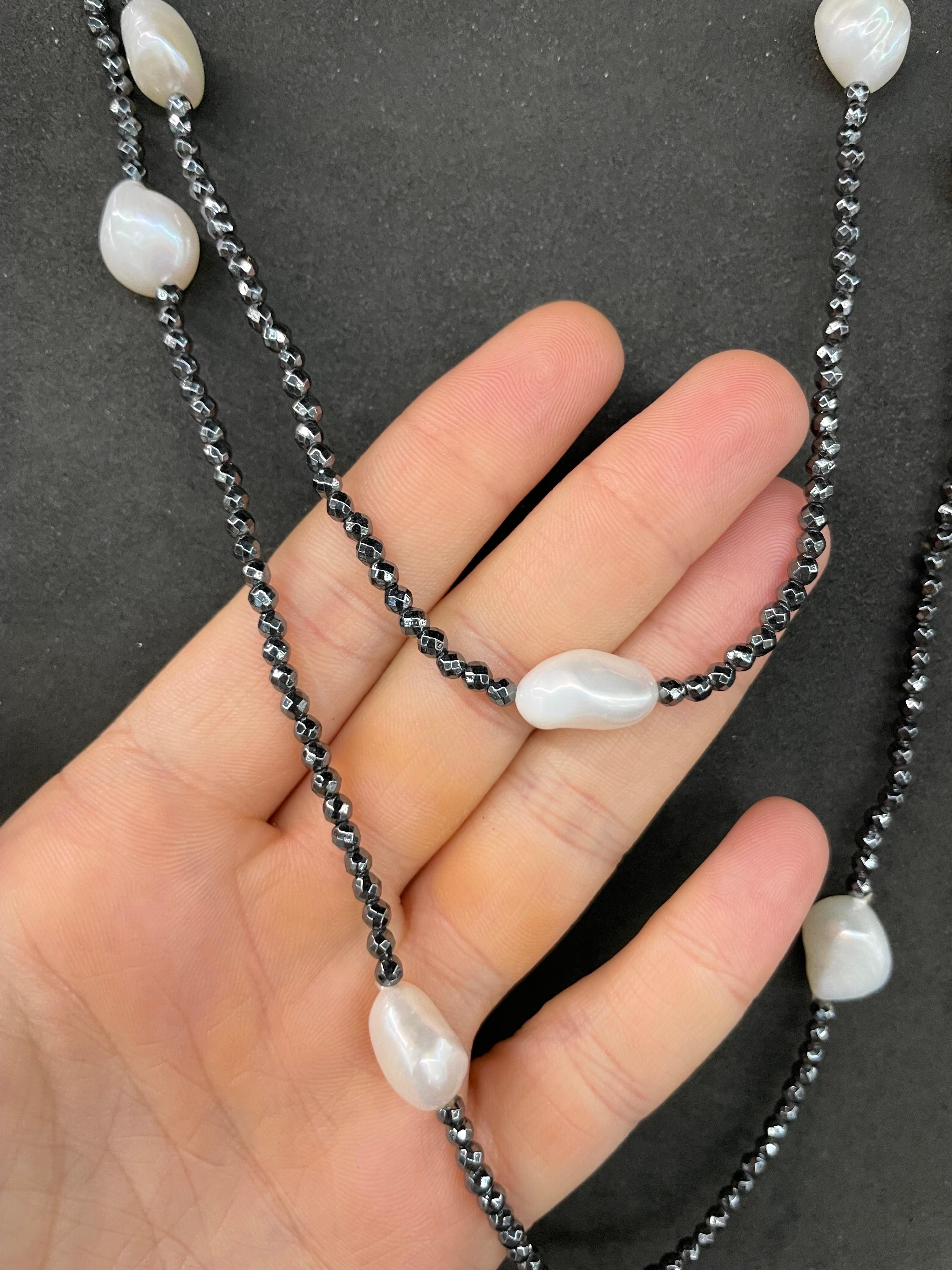 Strand of Hematite White Pearl Multi-Strand Necklace 50 Inches In New Condition For Sale In New York, NY