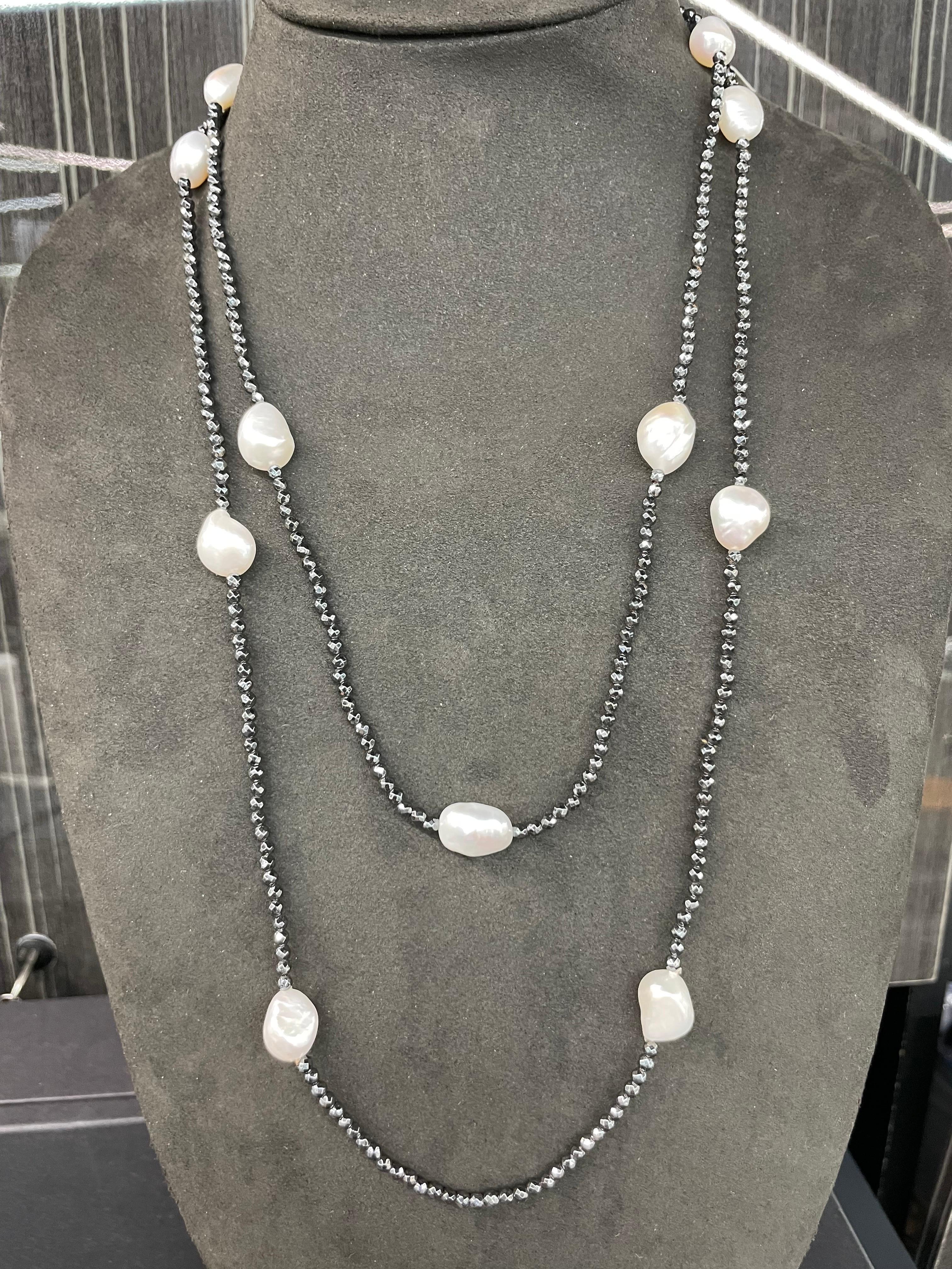 Women's Strand of Hematite White Pearl Multi-Strand Necklace 50 Inches For Sale