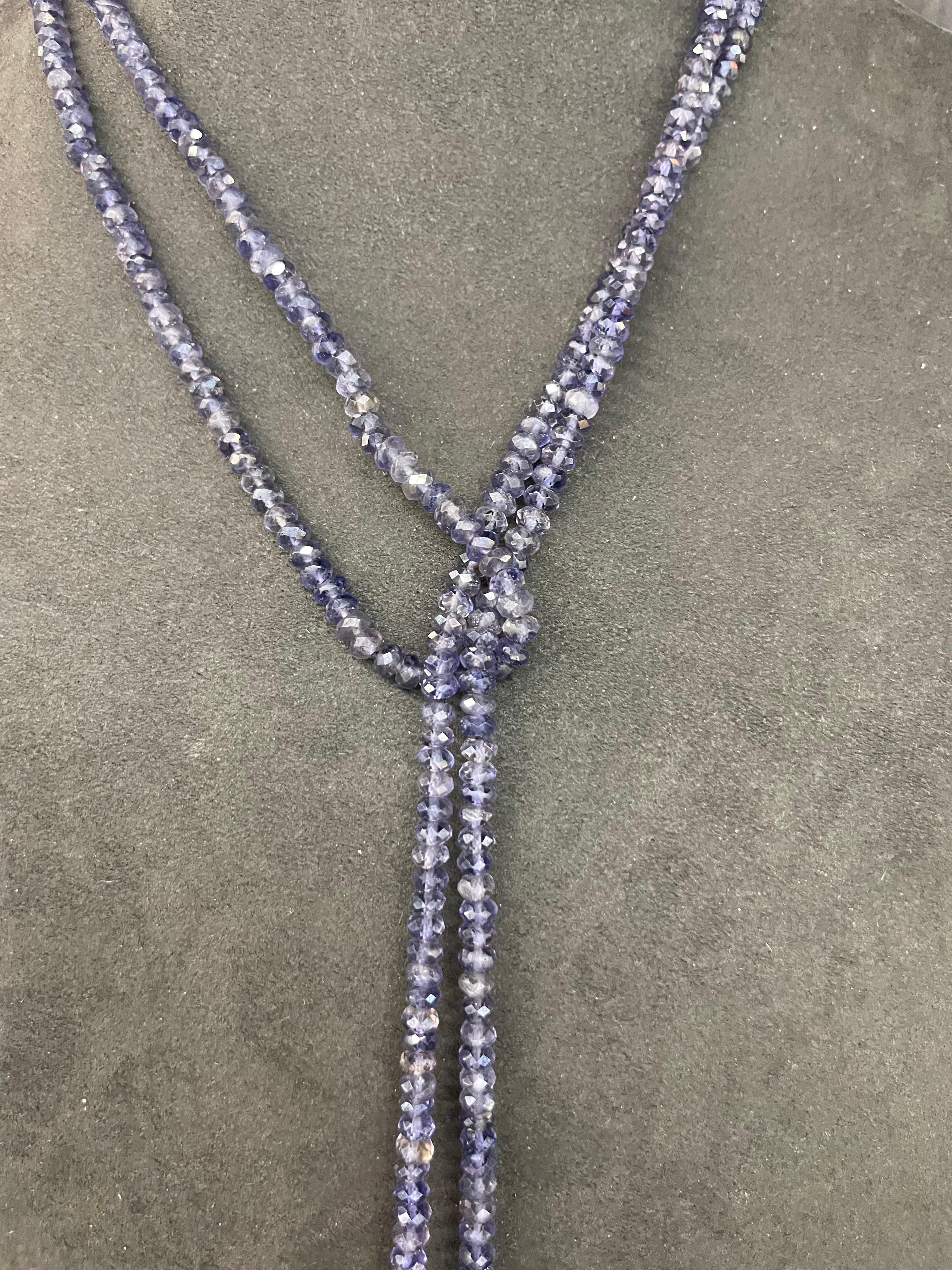 Round Cut Strand of Iolite Grey Baroque Pearl Tassel Necklace 50 Inches Long For Sale
