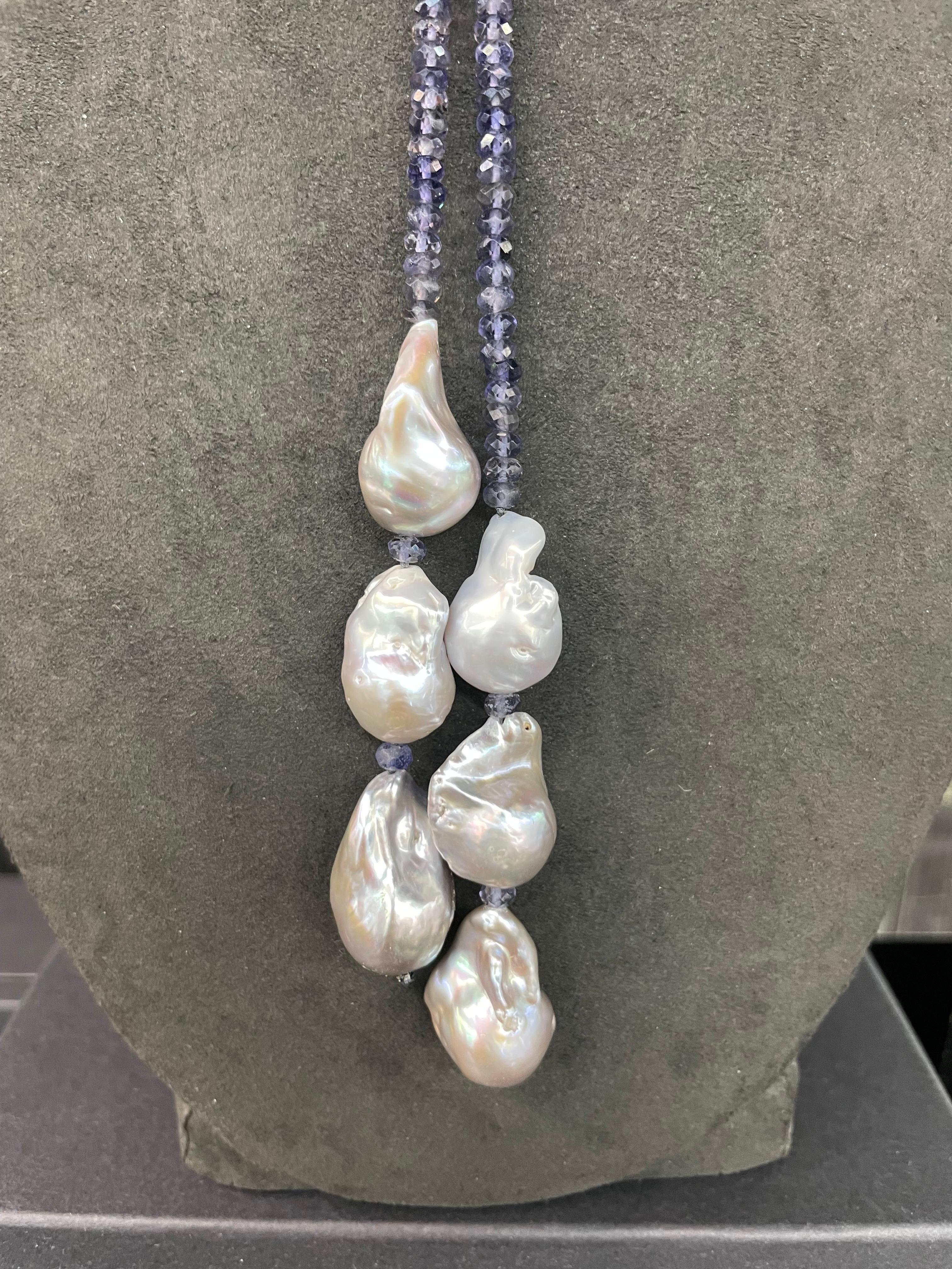 Strand of Iolite Grey Baroque Pearl Tassel Necklace 50 Inches Long In New Condition For Sale In New York, NY