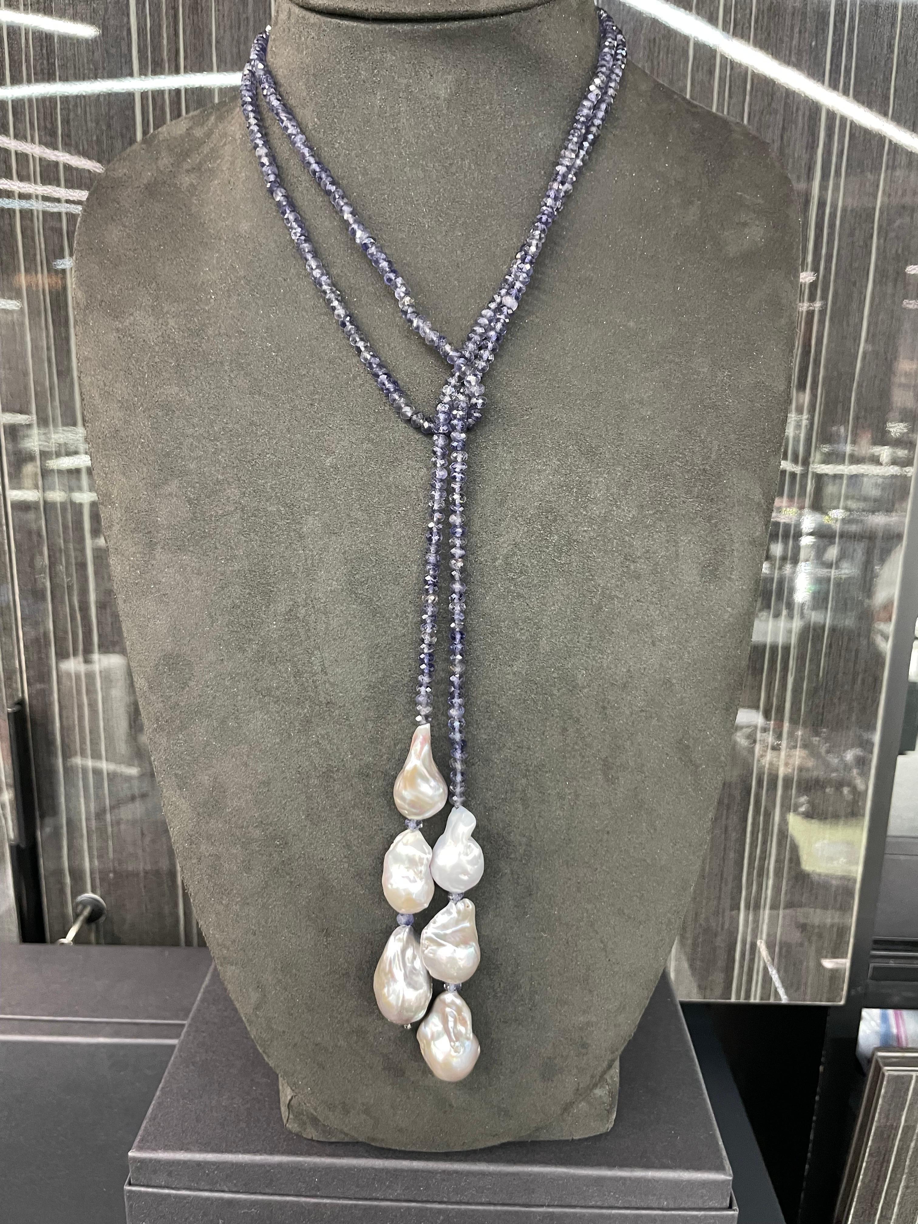 Women's Strand of Iolite Grey Baroque Pearl Tassel Necklace 50 Inches Long For Sale