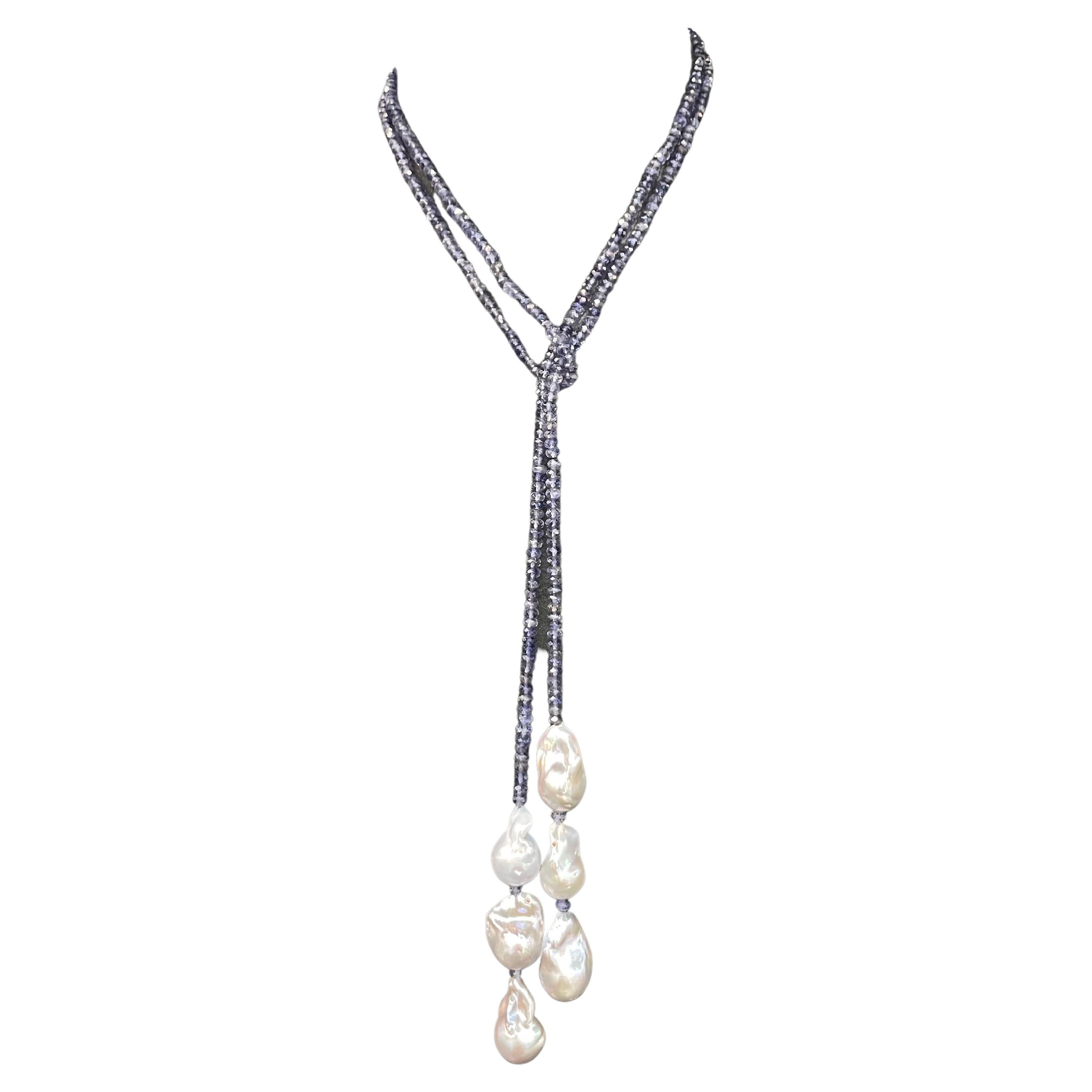 Strand of Iolite Grey Baroque Pearl Tassel Necklace 50 Inches Long For Sale