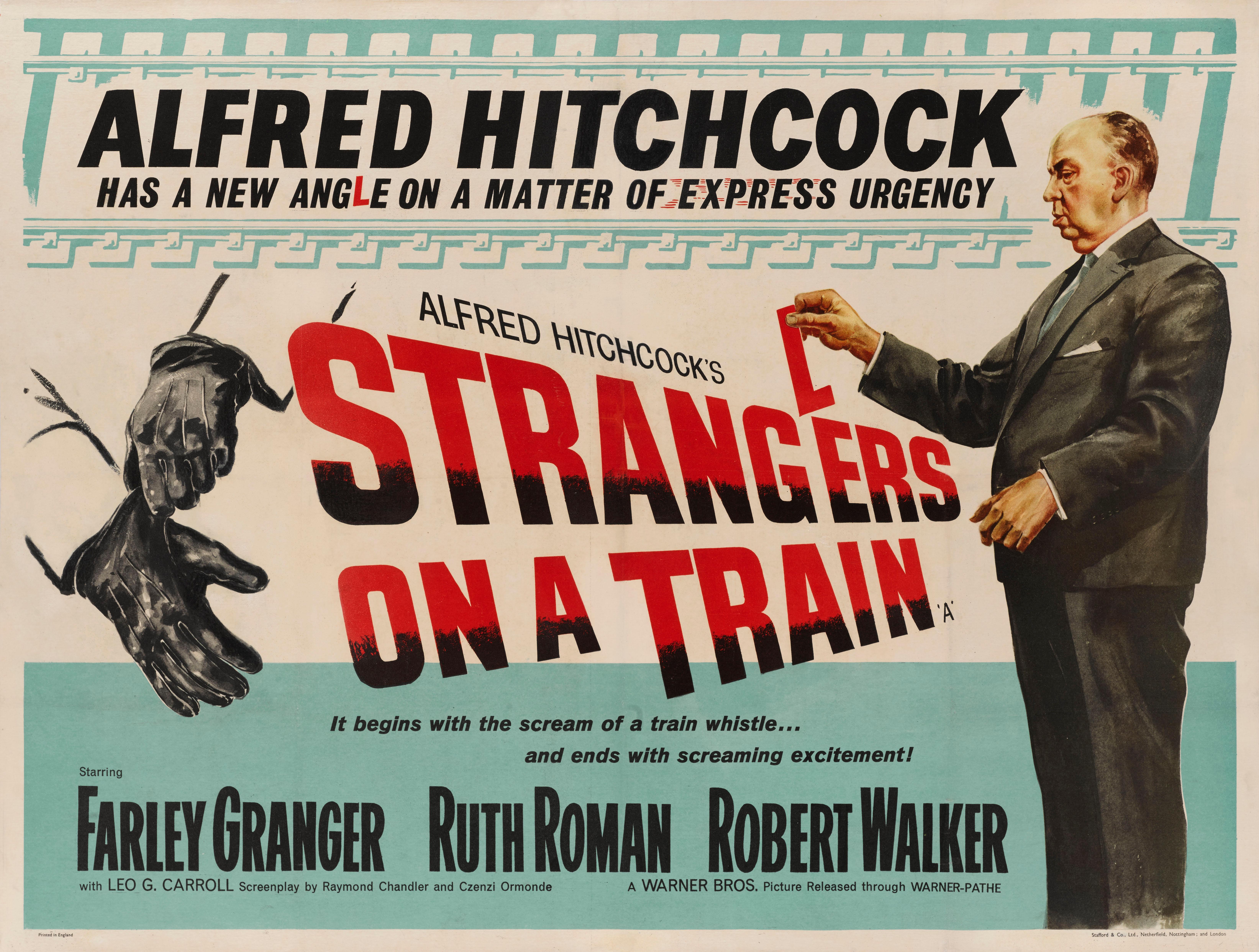 Original British movie poster for Alfred Hitchcock's 1951 masterful crime thriller.
This great artwork was only used on the 1950s re-release.
This poster was designed for a short re-release of the film in the 1950s. It would not have been shown in