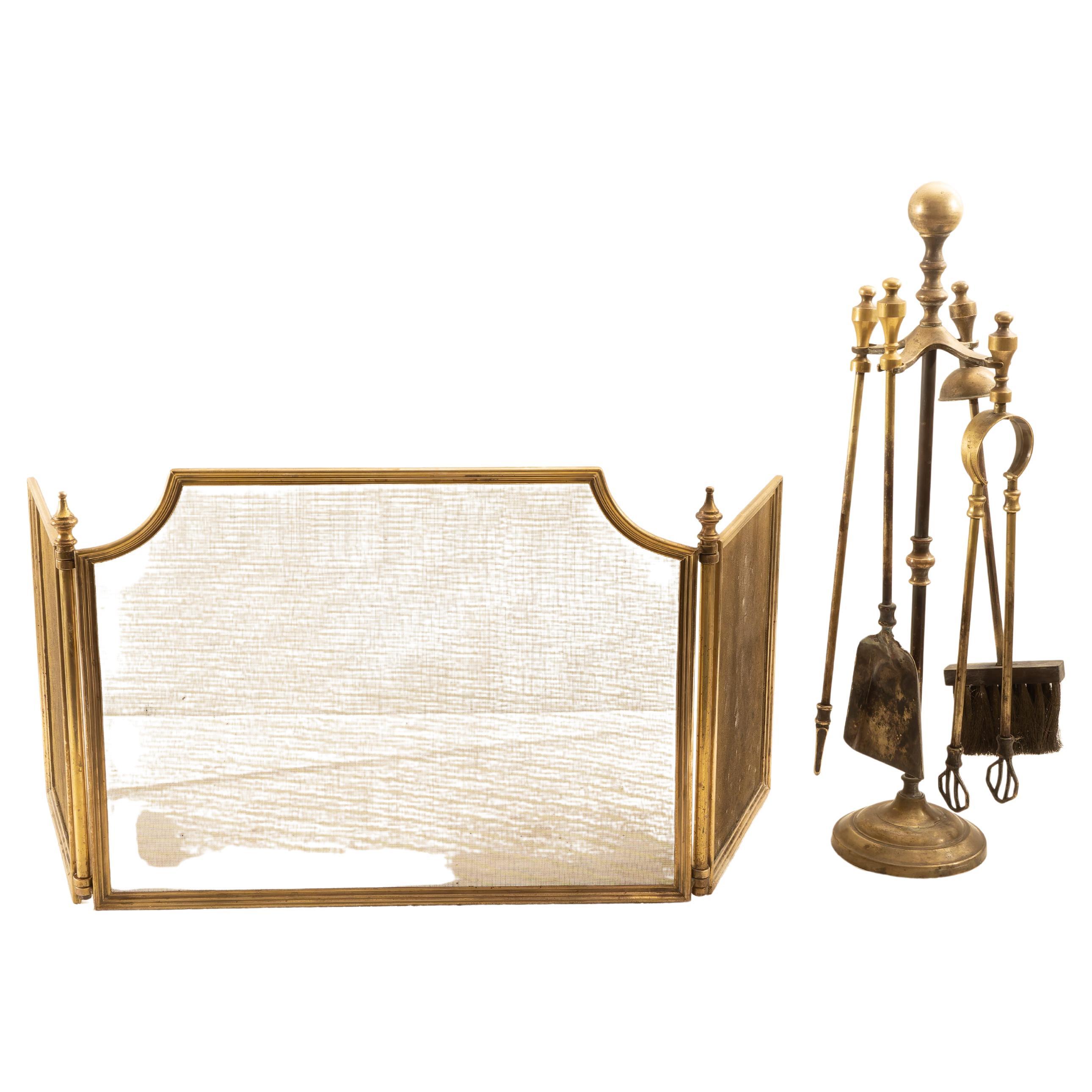 Straordinario kit da Camino e Parascintille in ottone, Anni
70