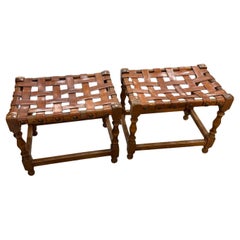 Strap Leather Pair Of Stools, Spain, 1940s