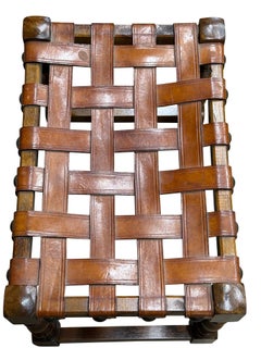 Strap Leather Turned Leg Pair Stools, Spain, 1940s