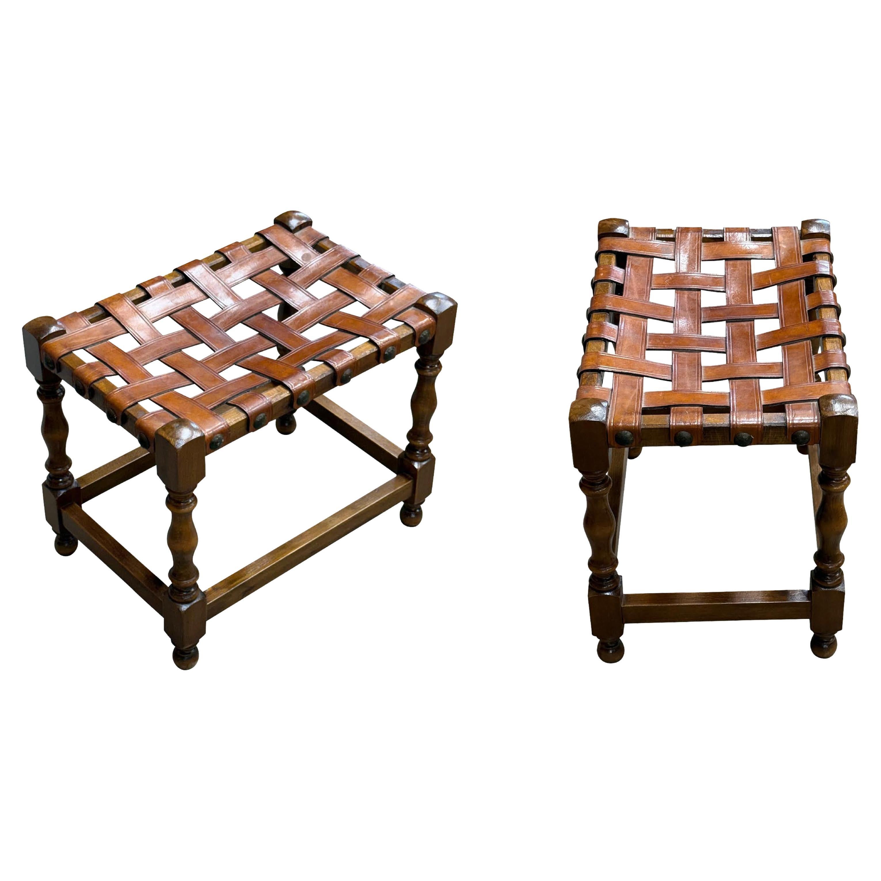 Strap Leather Turned Leg Pair Stools, Spain, 1940s For Sale