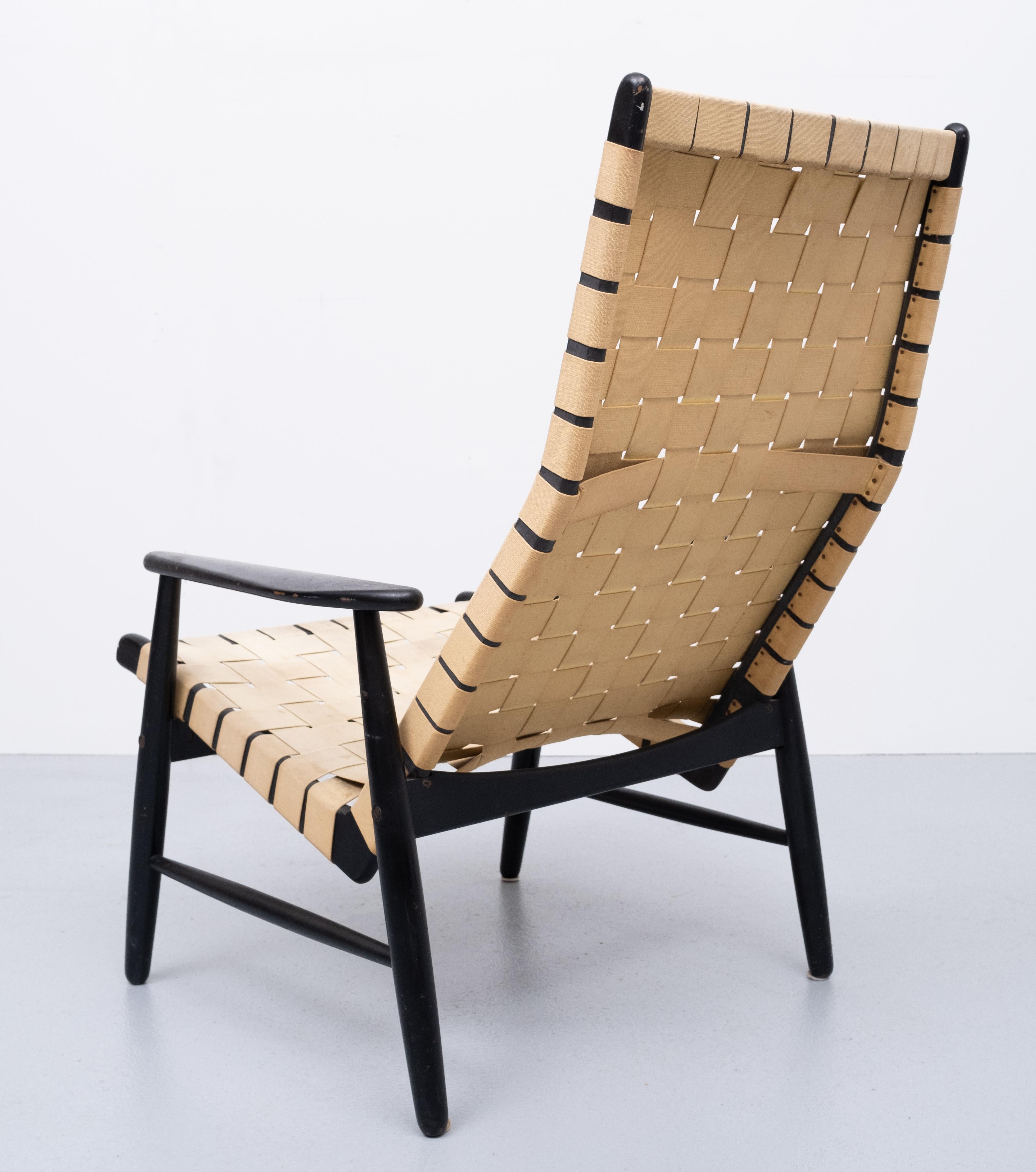 Fauteuil de salon à sangles des années 1950, style Jens Risom Bon état - En vente à Den Haag, NL