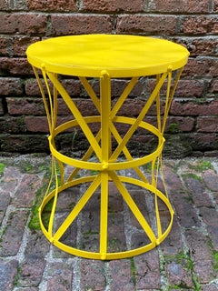 Strap Metal Canary Yellow Drum Table, 1960s
