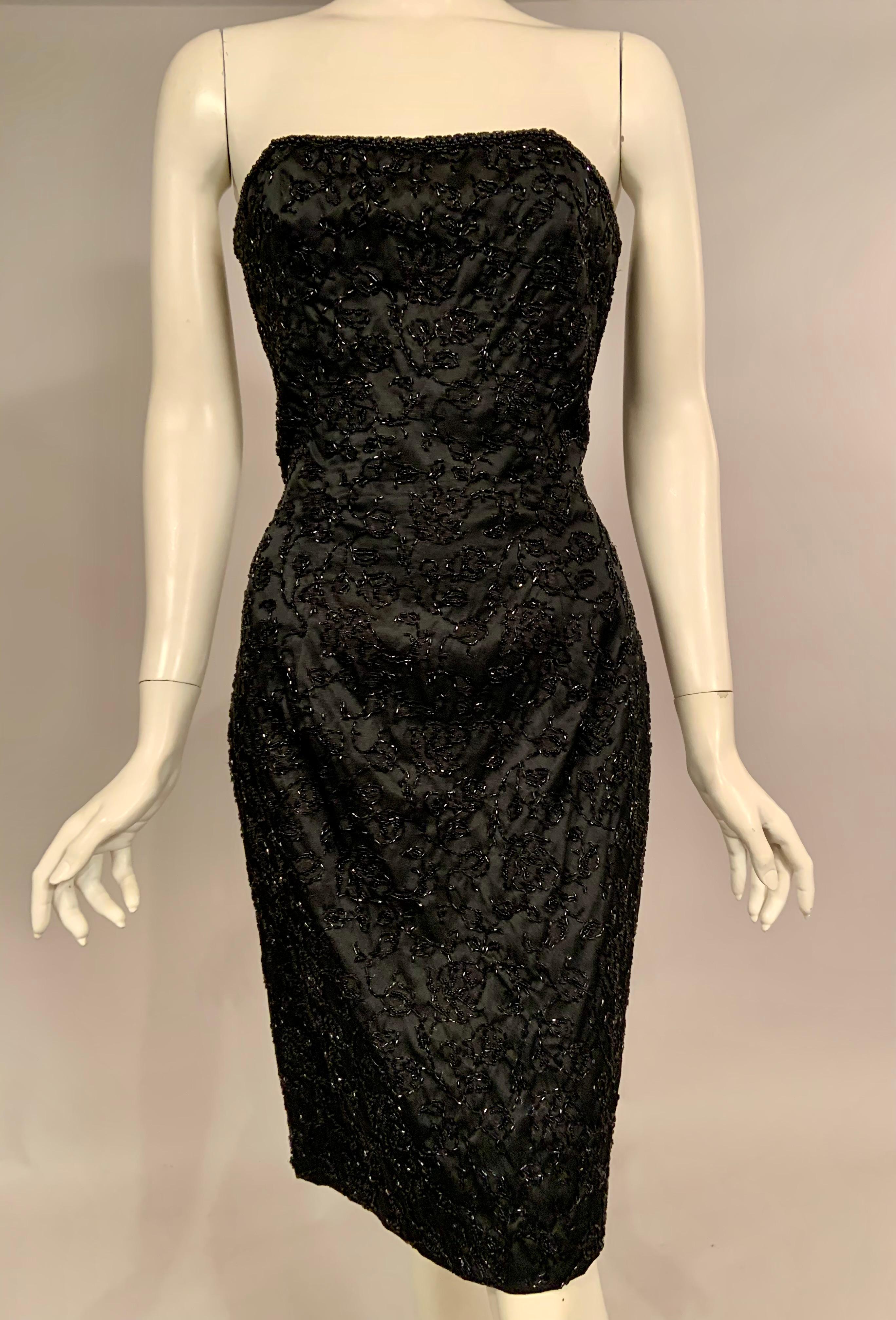 Women's Elaborately Beaded Strapless Black Cocktail Dress and Jacket  circa 1950 For Sale