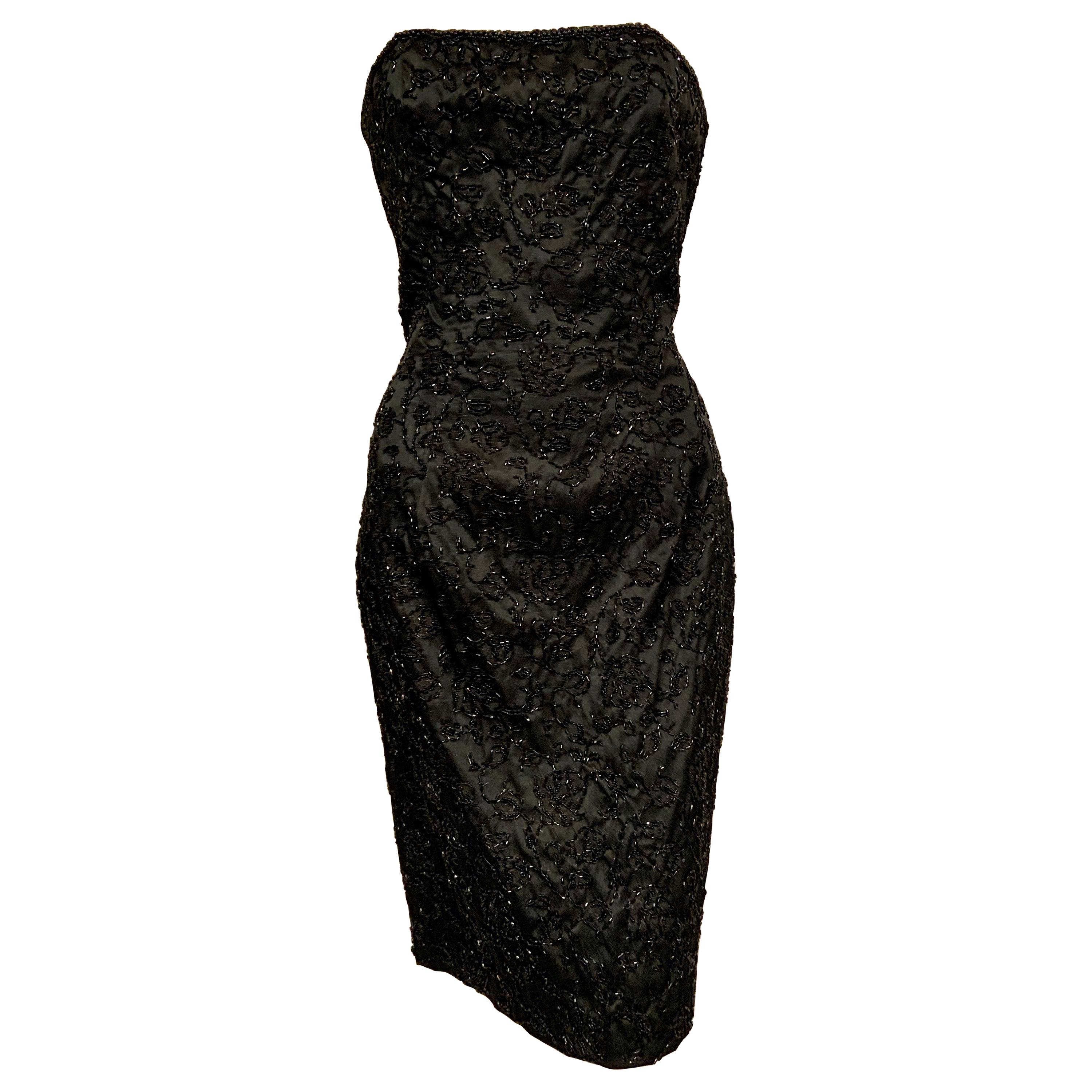 Elaborately Beaded Strapless Black Cocktail Dress and Jacket  circa 1950 For Sale 10