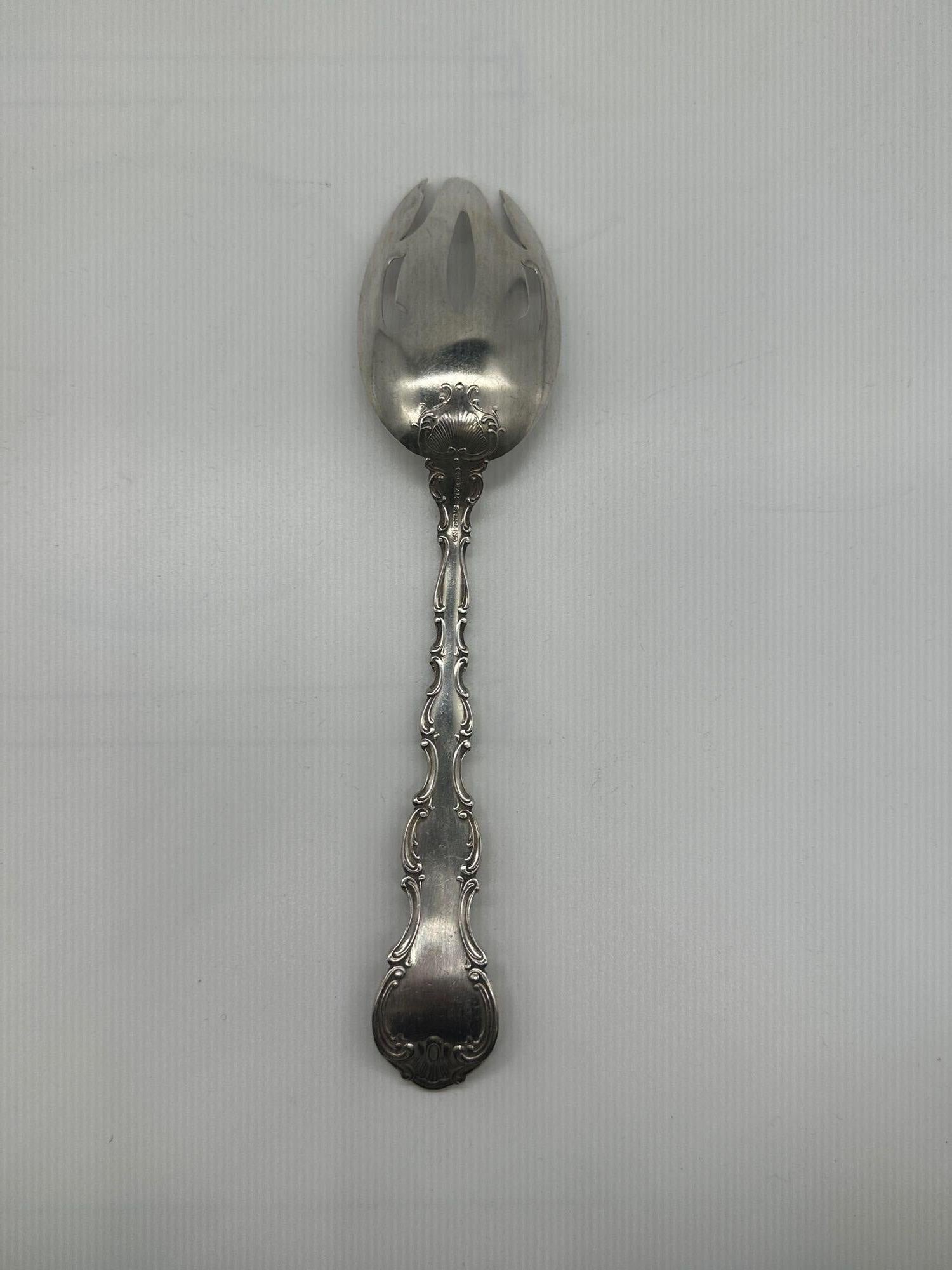 19th Century Strasbourg Gorham Sterling Silver Serving Spoon w/ Pierced Bowl & Tines For Sale