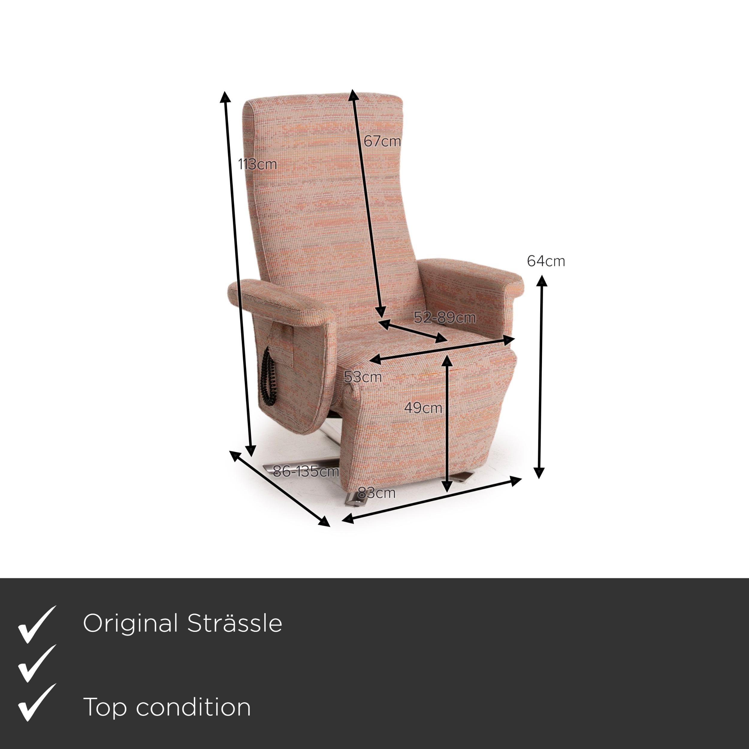 We present to you a Strässle fabric armchair rosé beige pastel electrical function relaxation.


 Product measurements in centimeters:
 

Depth: 86
Width: 83
Height: 113
Seat height: 49
Rest height: 64
Seat depth: 52
Seat width: 53
Back