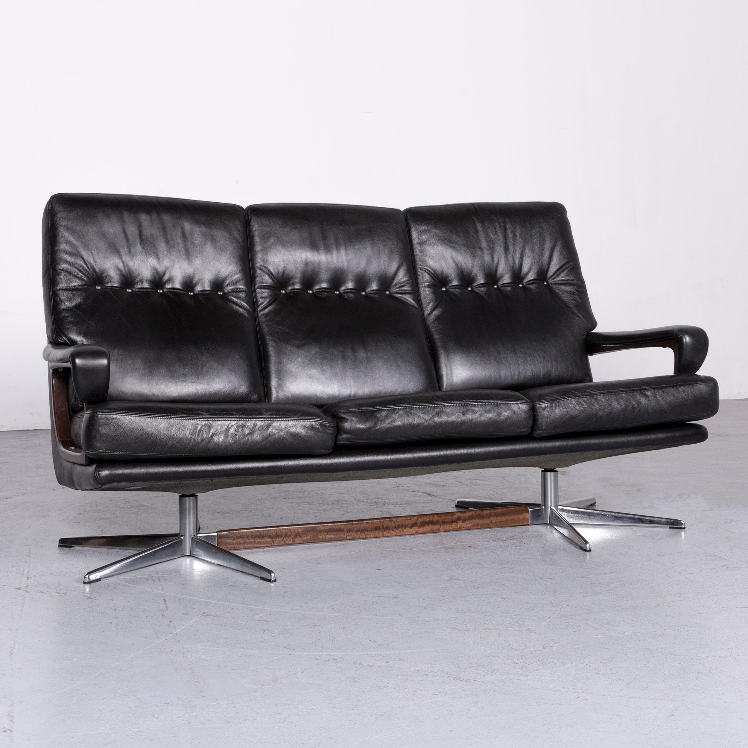 Swiss Strässle King Designer Black Leather Set: Armchair, Footstool, Three-Seat Couch