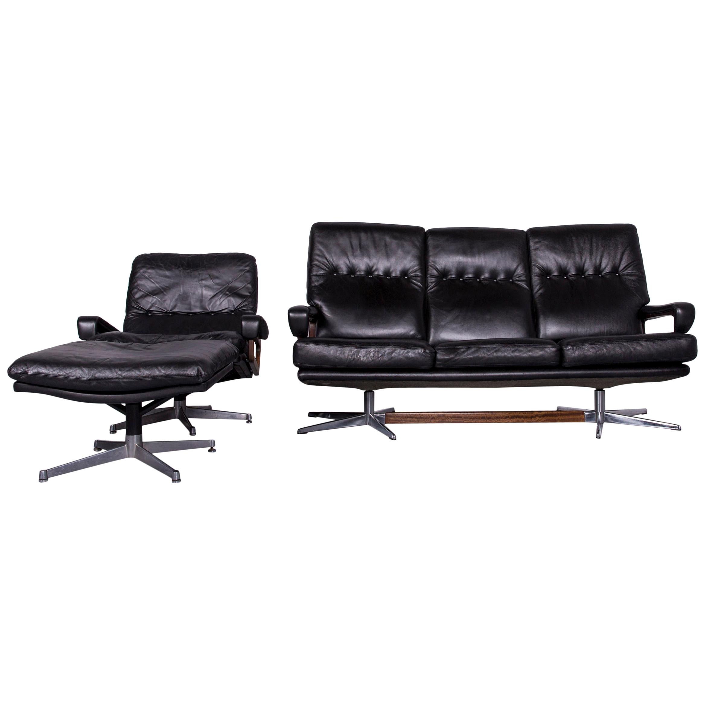 Strässle King Designer Black Leather Set: Armchair, Footstool, Three-Seat Couch