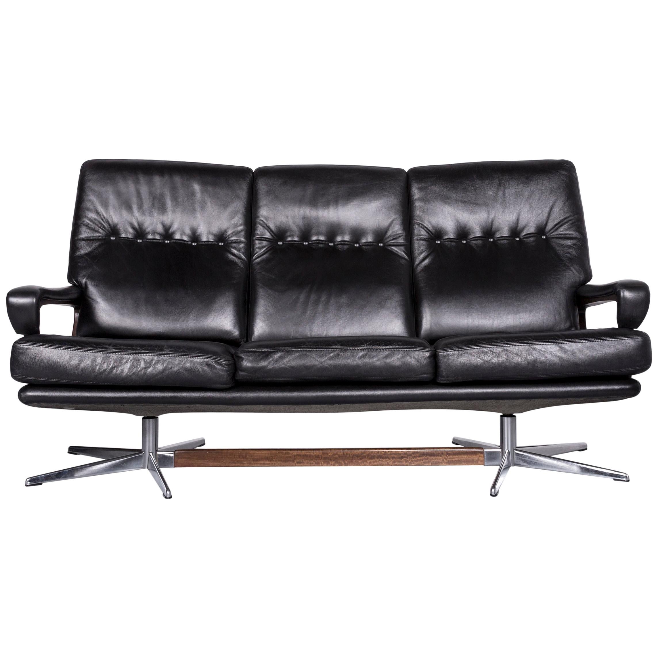 Strässle King Designer Leather Sofa Black Three-Seat Couch For Sale
