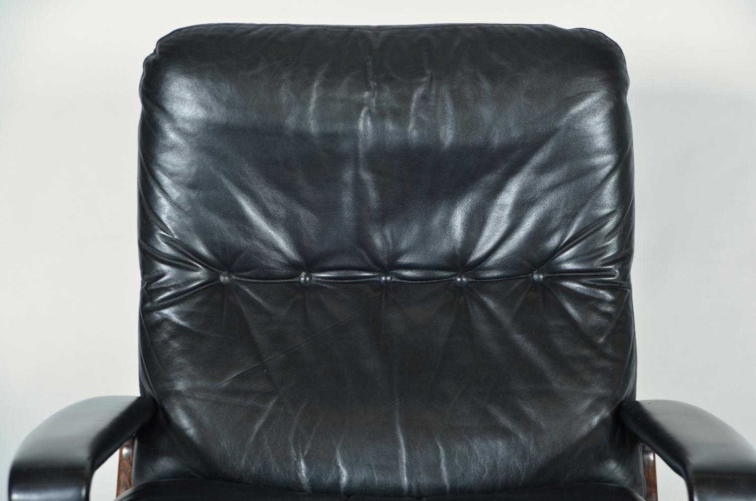 Strässle Midcentury Black Leather King Lounge Swivel Chair André Vandenbeuck 60s en vente 4