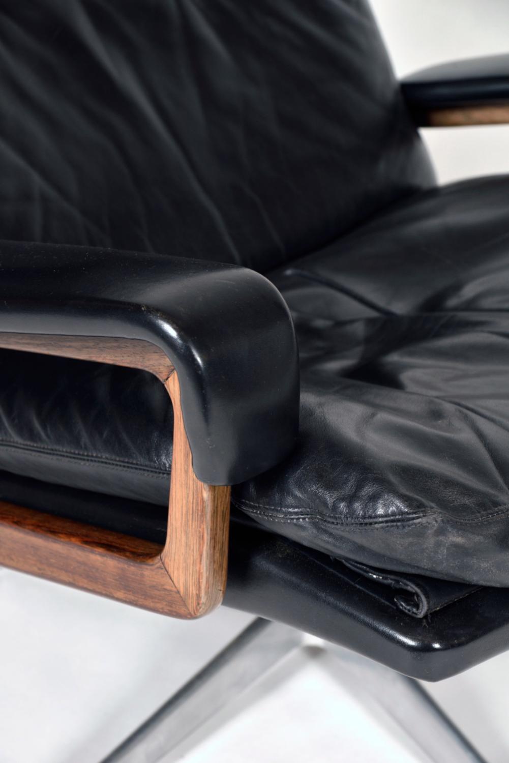 Strässle Midcentury Black Leather King Lounge Swivel Chair André Vandenbeuck 60s en vente 9