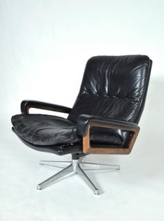 Strässle Midcentury Black Leather King Lounge Swivel Chair André Vandenbeuck 60s