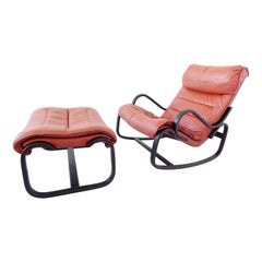Strässle Rocking Chair with Ottoman in Red Leather