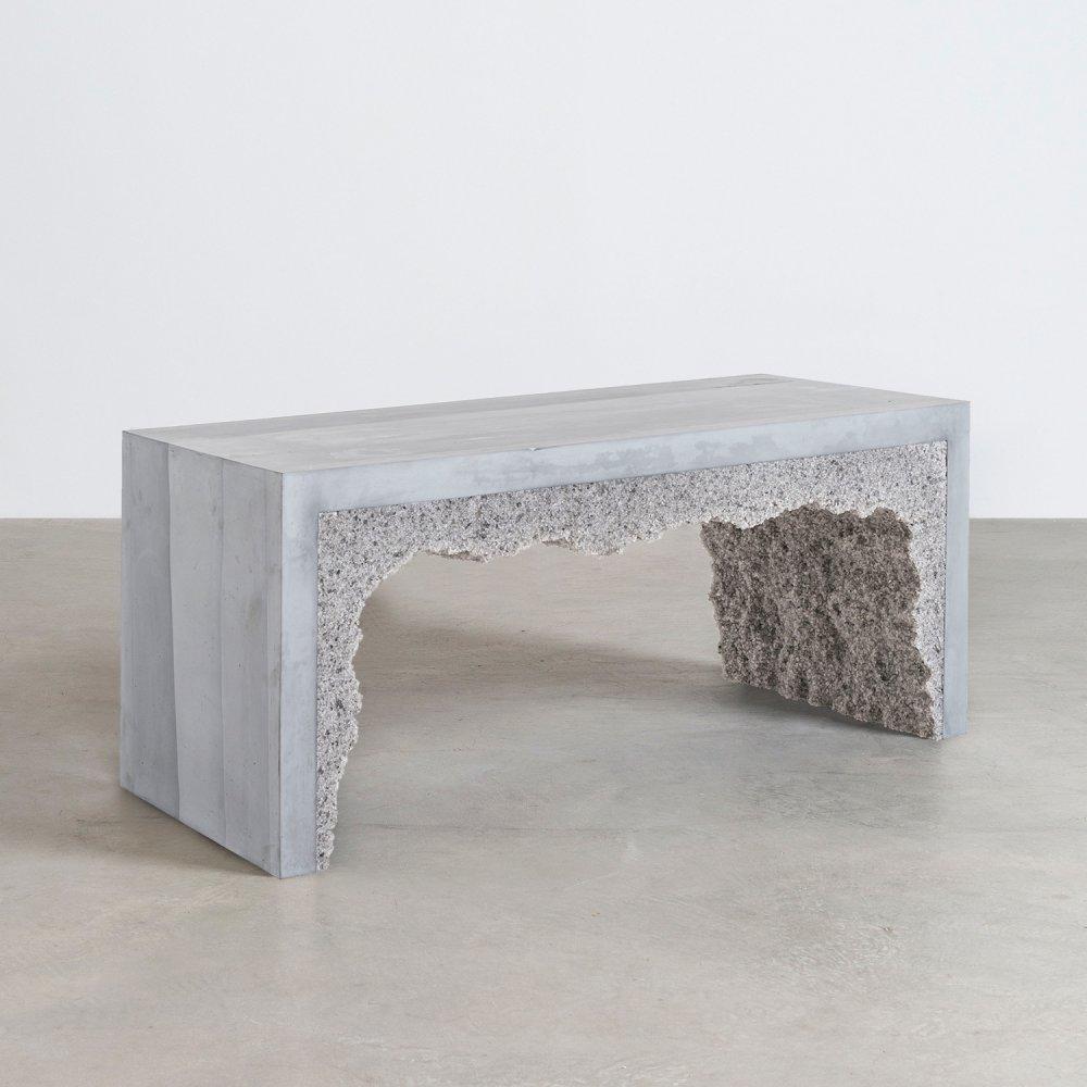 Composed from a combination of materials, the angular bench consists of a hand-dyed cement exterior and a grey salt interior. Packed by hand within the smooth ombre of cement, the granules form an organic texture to contrast the structural