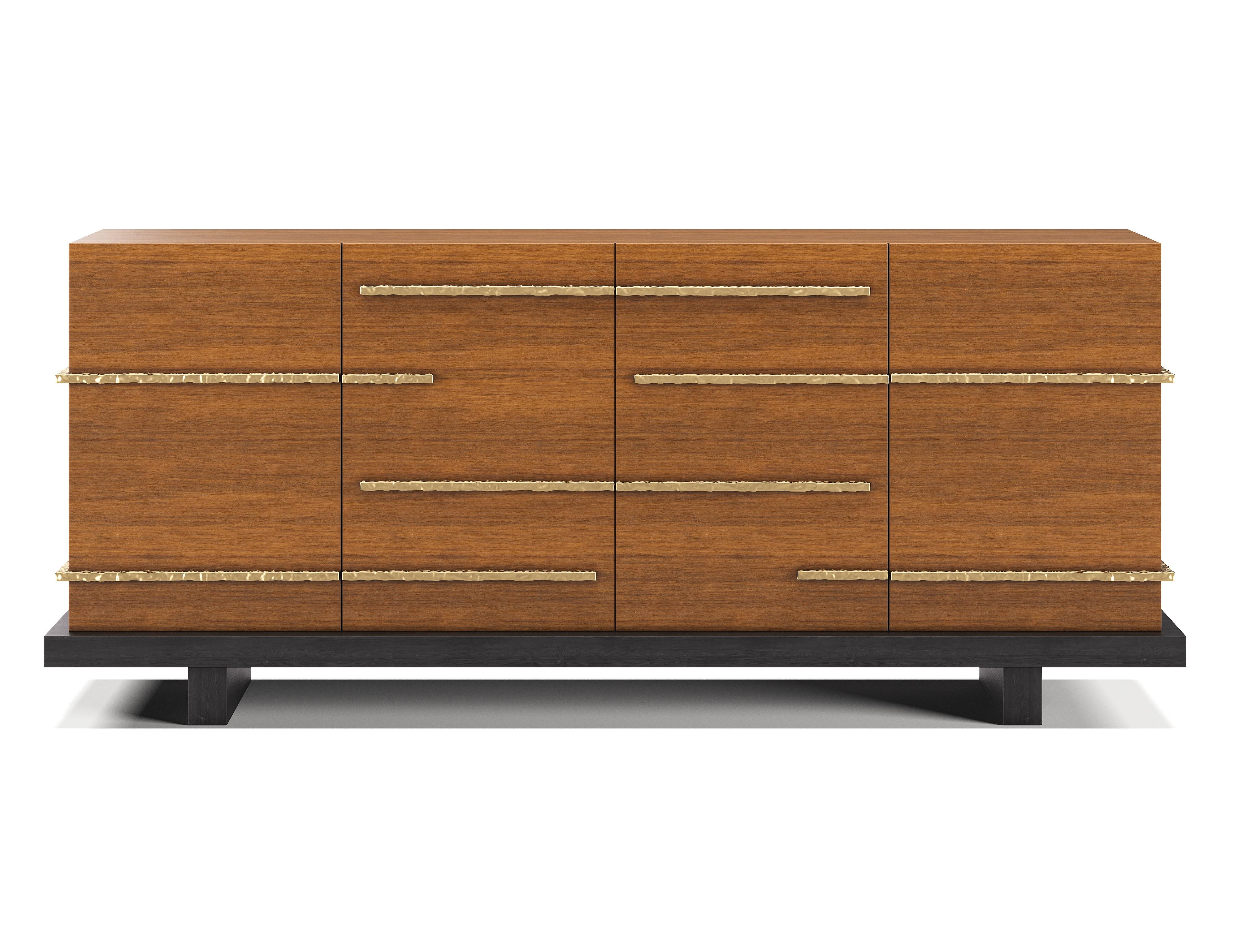 Modern Strata Chest in Walnut with Hand-Hammered Brass Pulls and Black Plinth Base For Sale