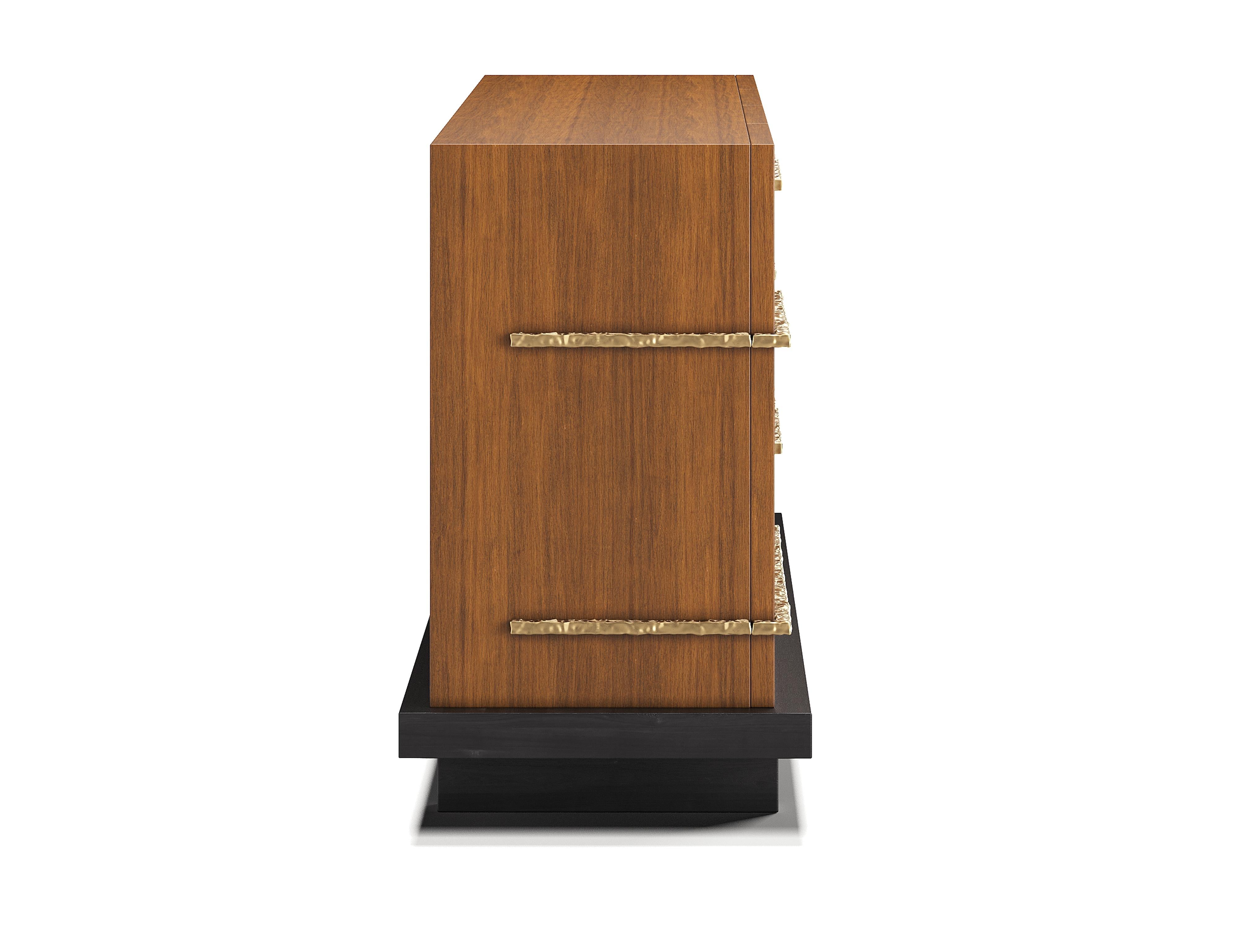 Portuguese Strata Chest in Walnut with Hand-Hammered Brass Pulls and Black Plinth Base For Sale