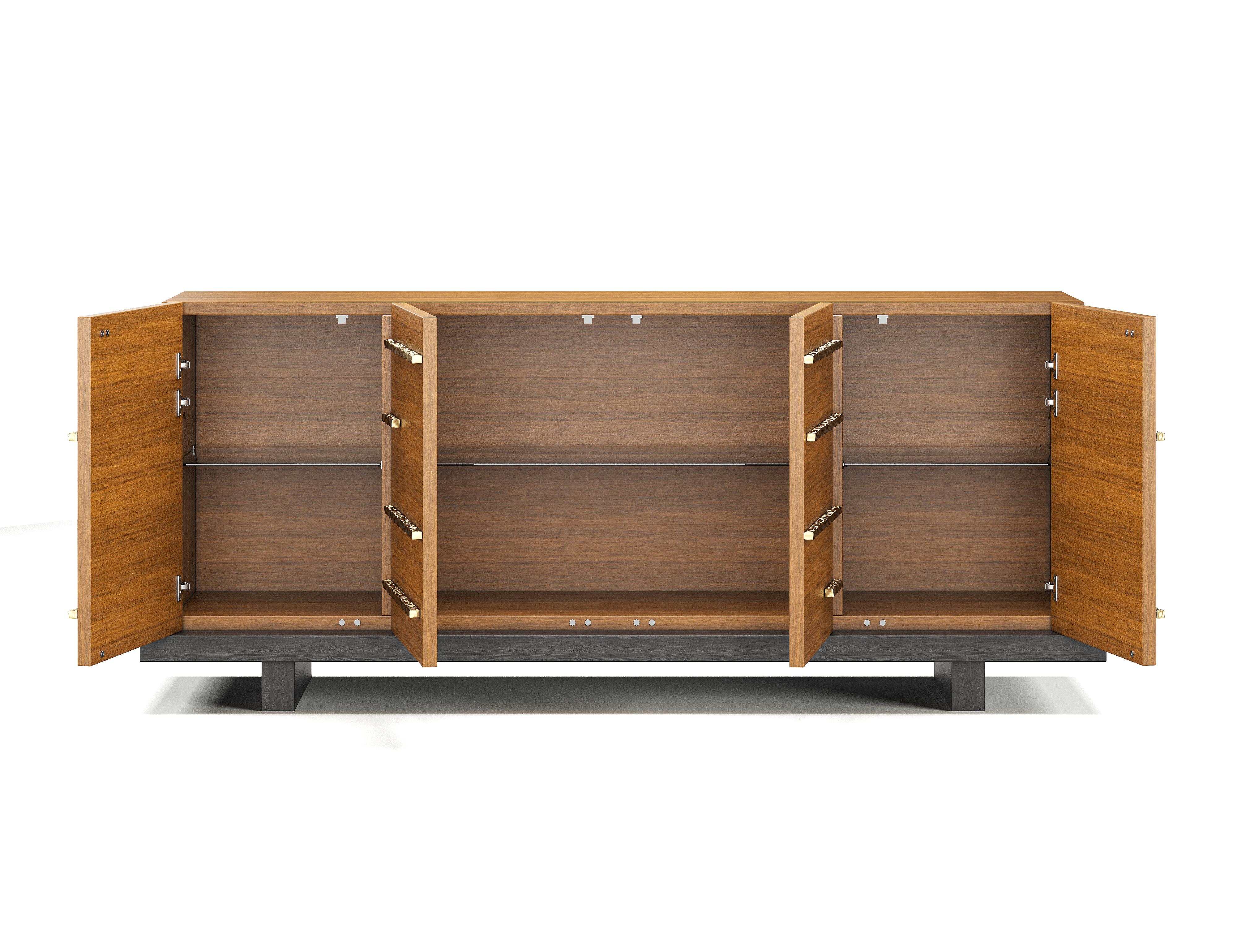 Hand-Crafted Strata Chest in Walnut with Hand-Hammered Brass Pulls and Black Plinth Base For Sale