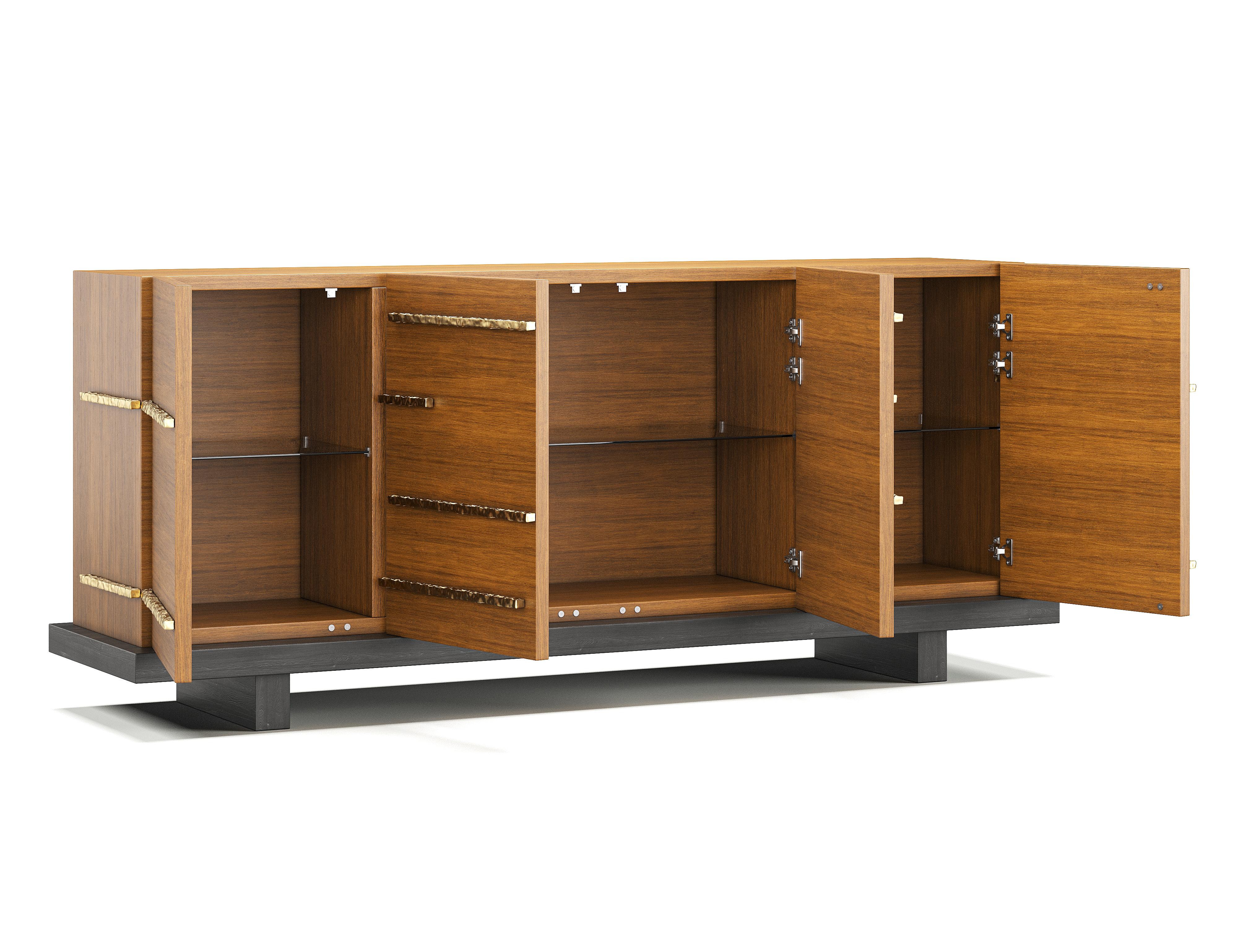 Strata Chest in Walnut with Hand-Hammered Brass Pulls and Black Plinth Base In New Condition For Sale In NEW YORK, NY