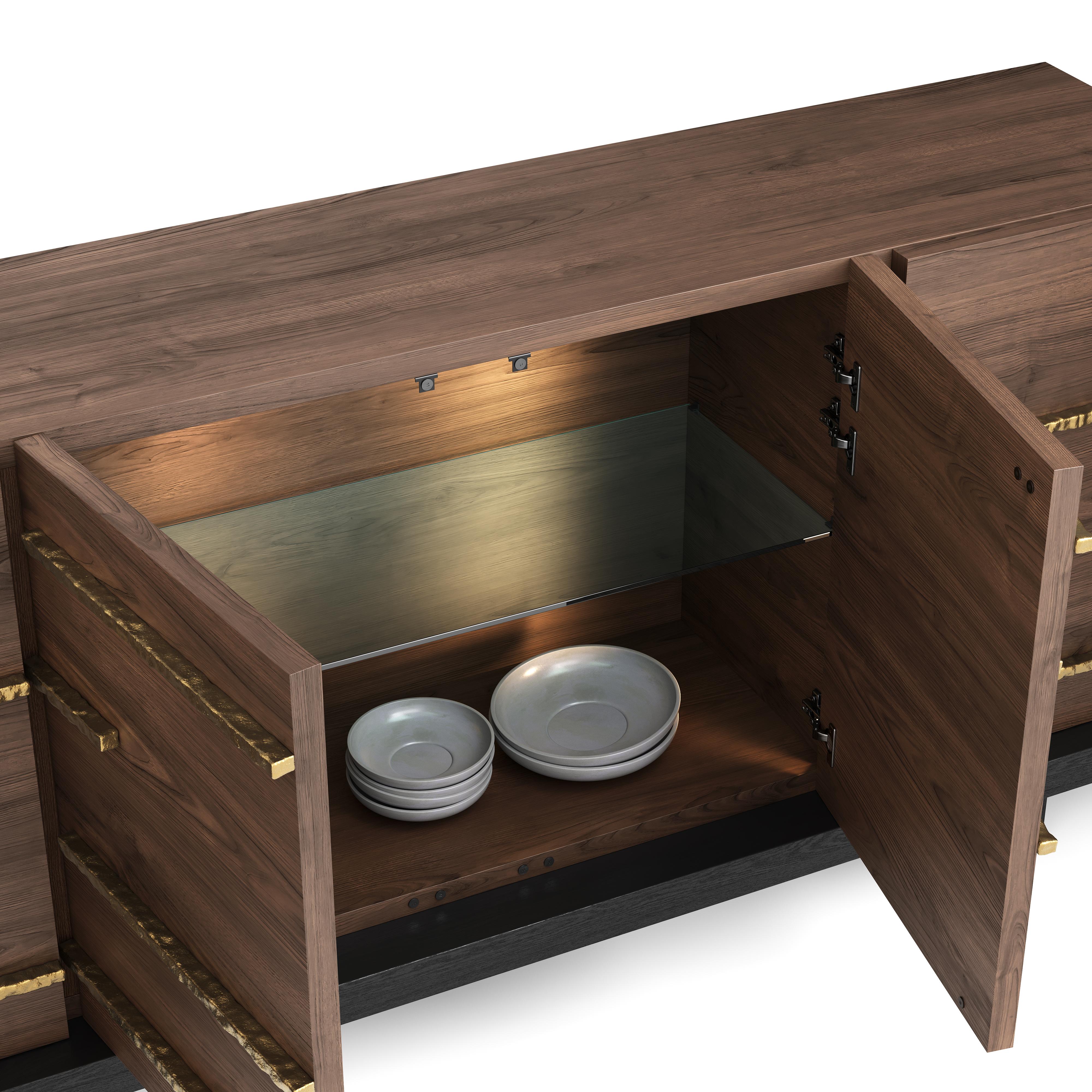 Contemporary Strata Chest in Walnut with Hand-Hammered Brass Pulls and Black Plinth Base For Sale