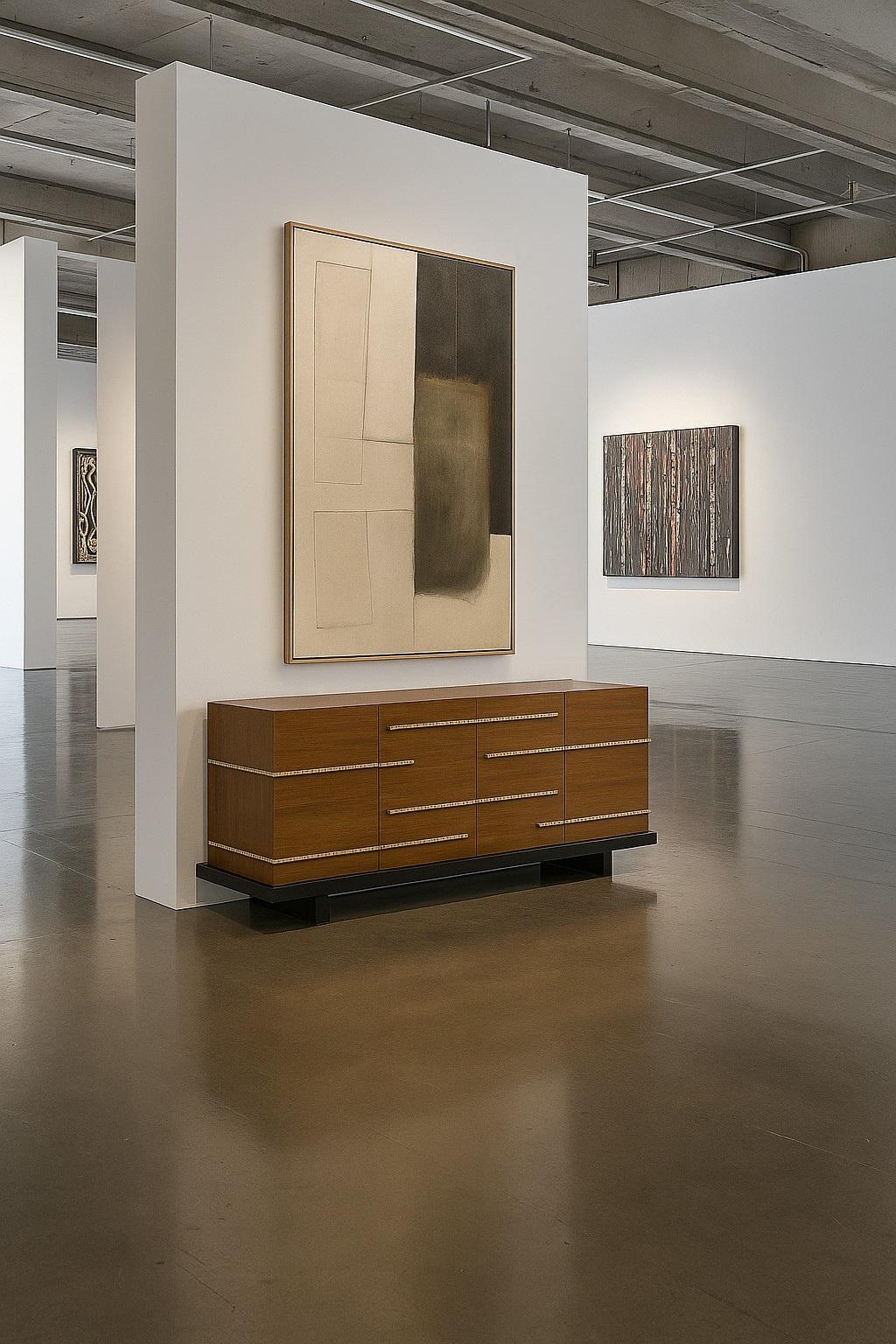 Strata Chest in Walnut with Hand-Hammered Brass Pulls and Black Plinth Base For Sale 1