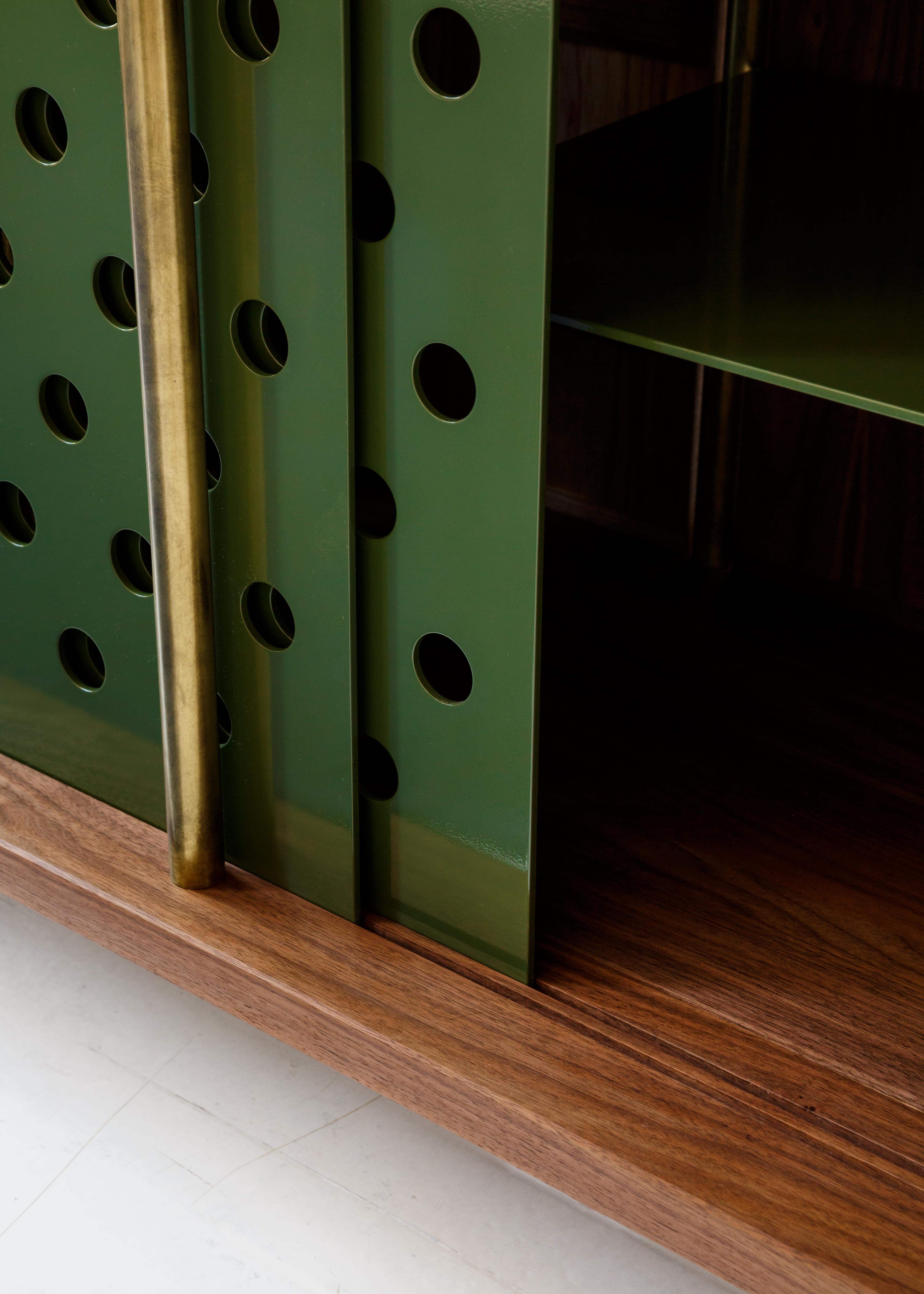 Powder-Coated Contemporary 4 Door Strata Credenza in Walnut Wood and Brass by Fort Standard