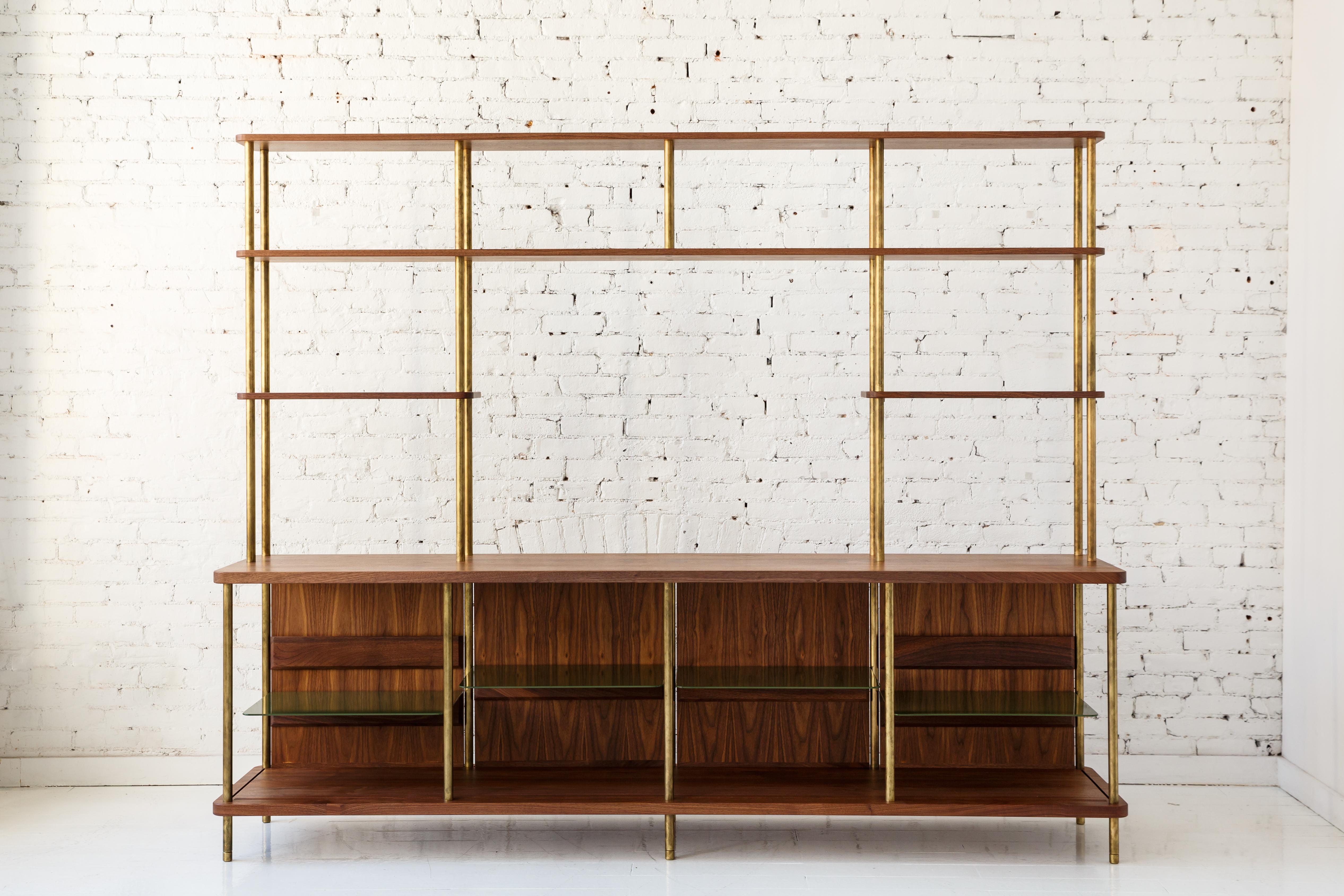 4 Door Strata Credenza in Walnut Wood and Brass by Fort Standard In New Condition For Sale In Brooklyn, NY