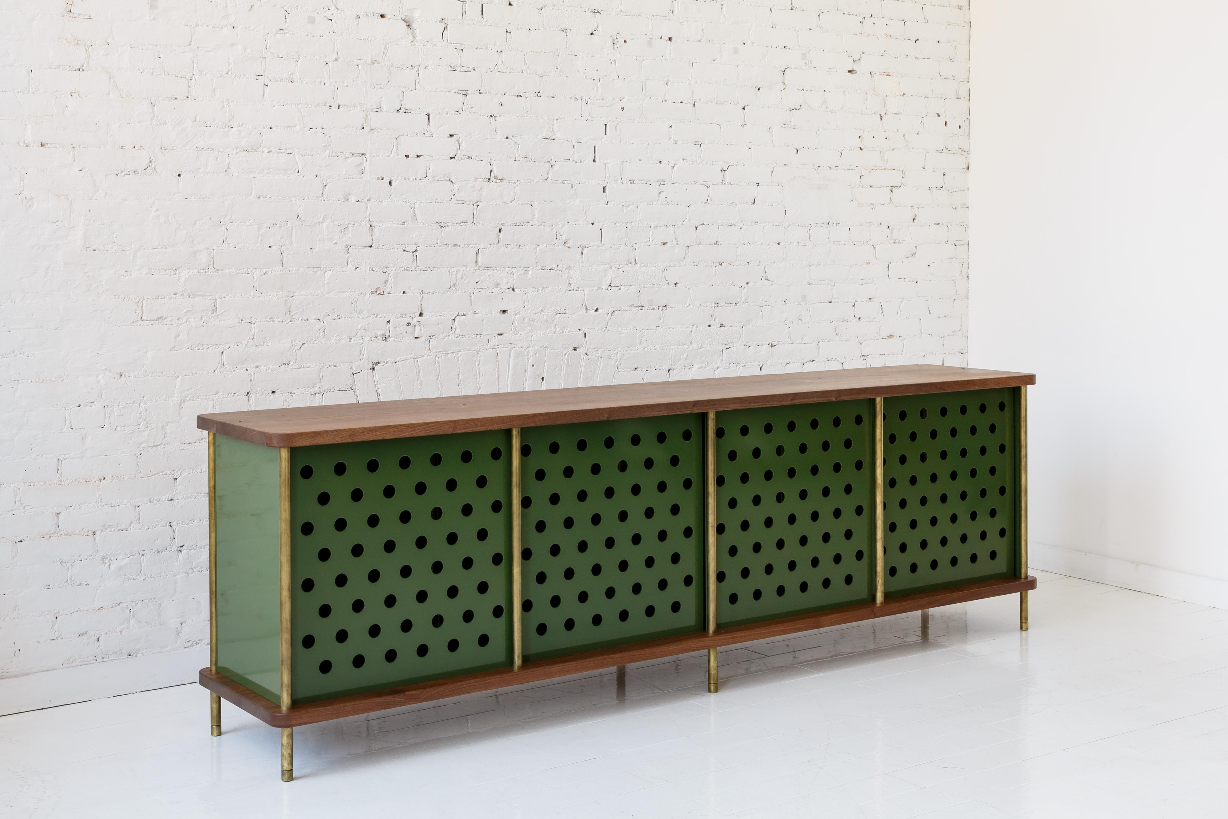 Powder-Coated Strata Credenza with No Shelves in Walnut and Brass by Fort Standard, in Stock