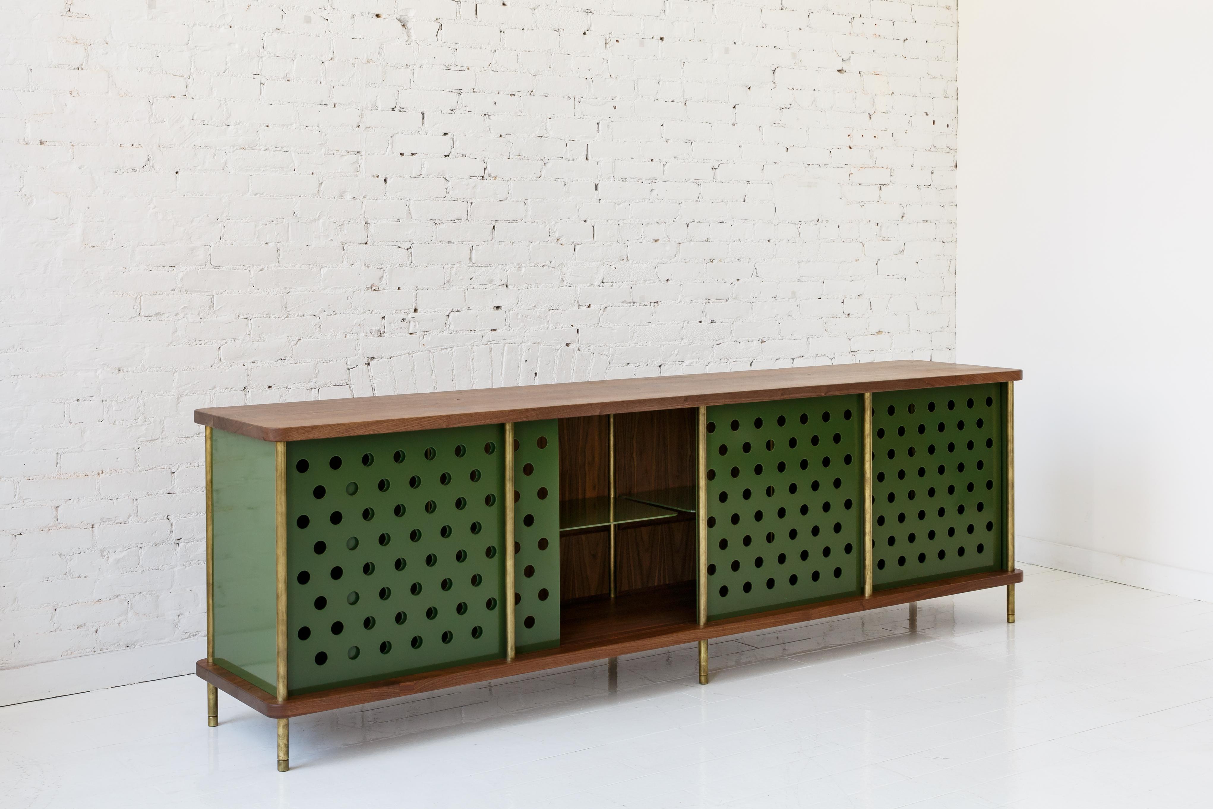 Strata Credenza with No Shelves in Walnut and Brass by Fort Standard, in Stock In New Condition In Brooklyn, NY