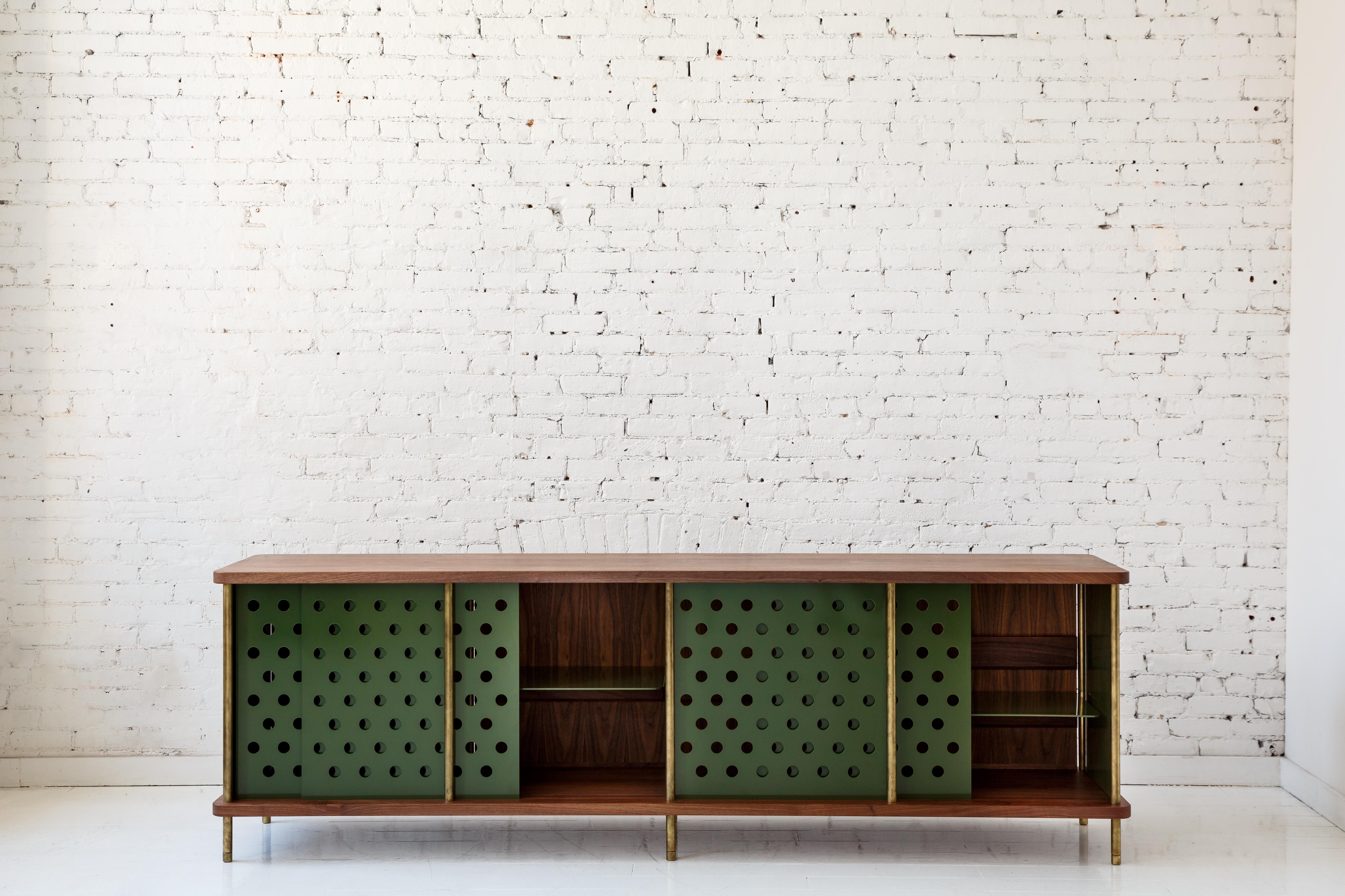 American 4 Door Strata Credenza with No Top Shelves in Walnut and Brass by Fort Standard