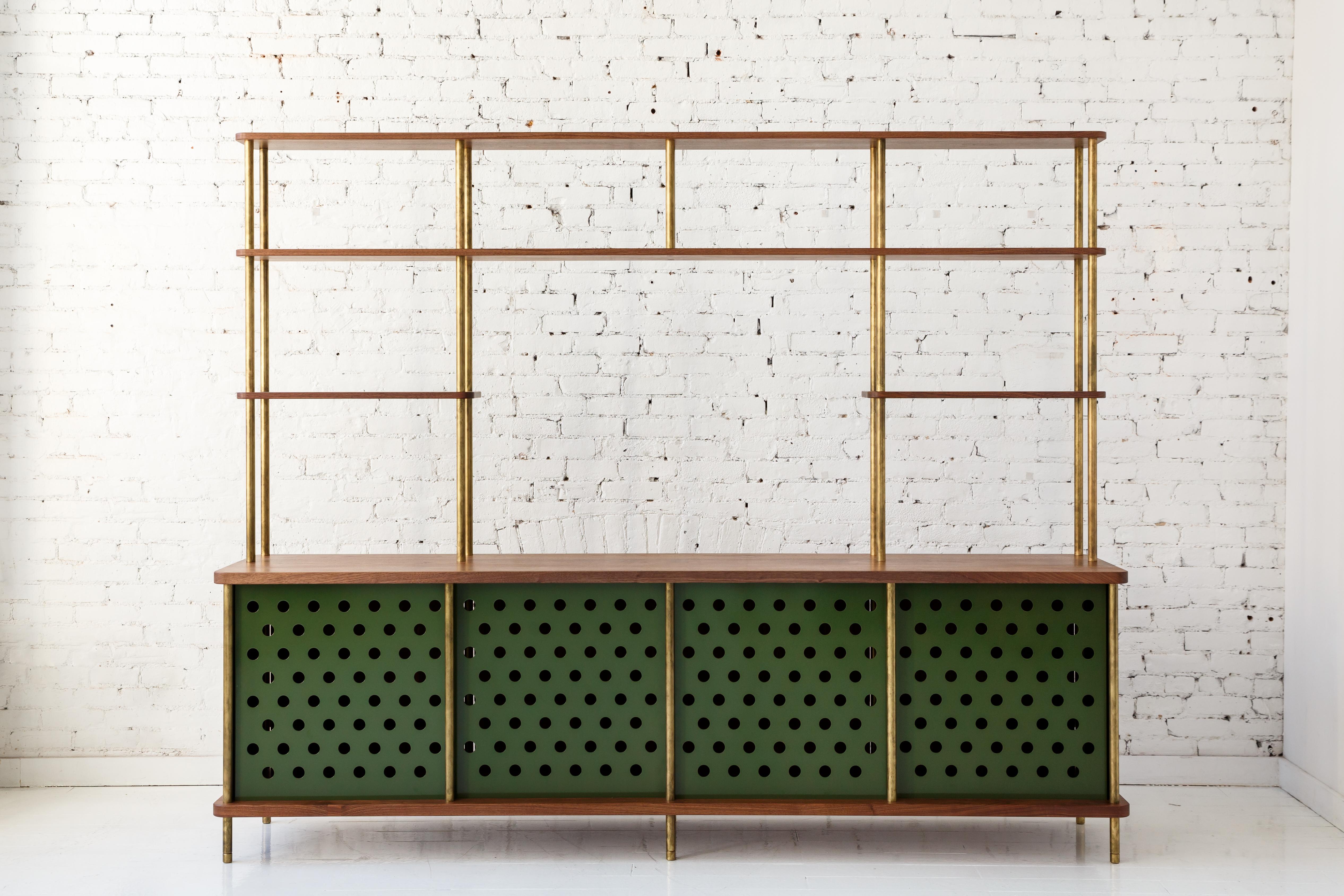4 Door Strata Credenza with No Top Shelves in Walnut and Brass by Fort Standard 1