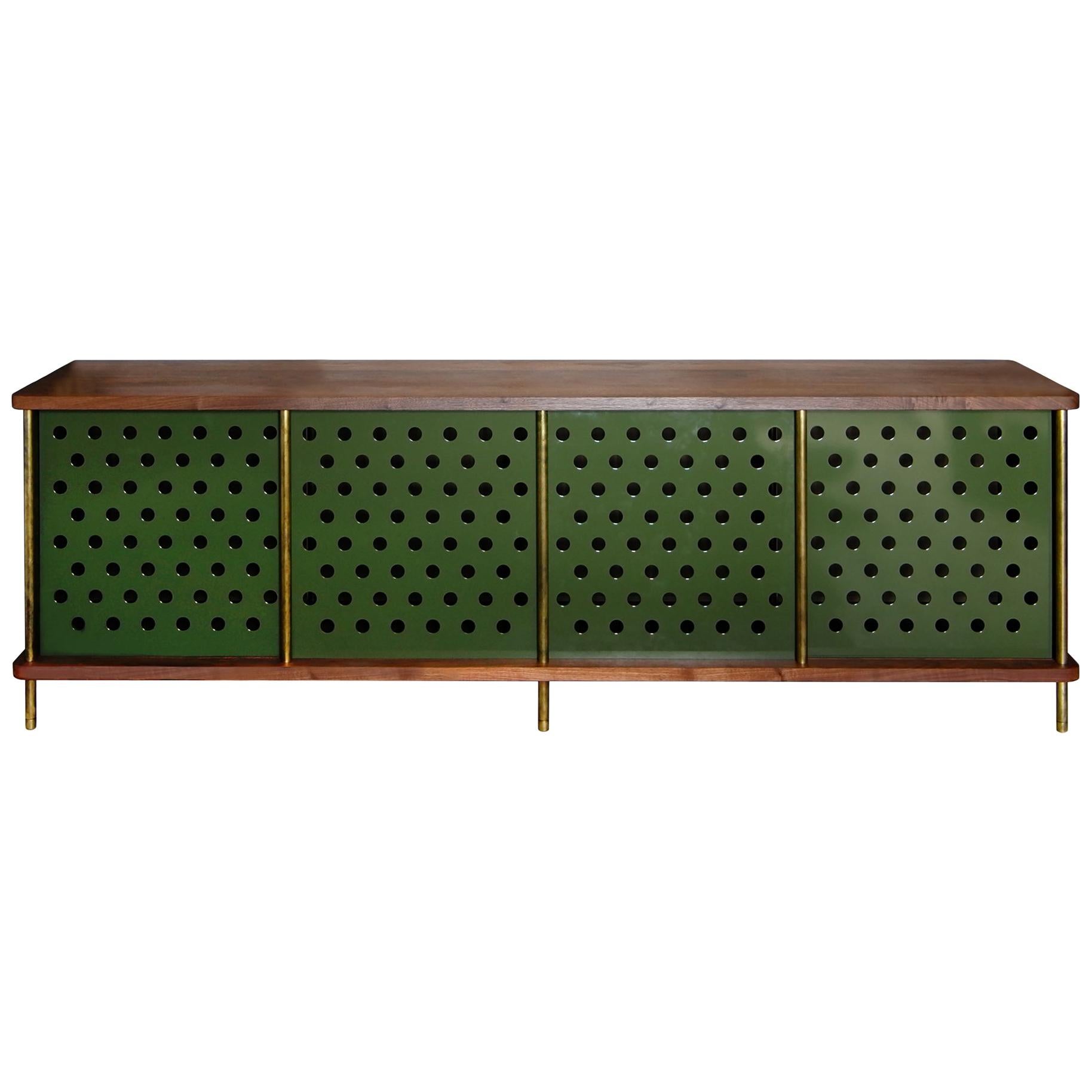 4 Door Strata Credenza with No Top Shelves in Walnut and Brass by Fort Standard