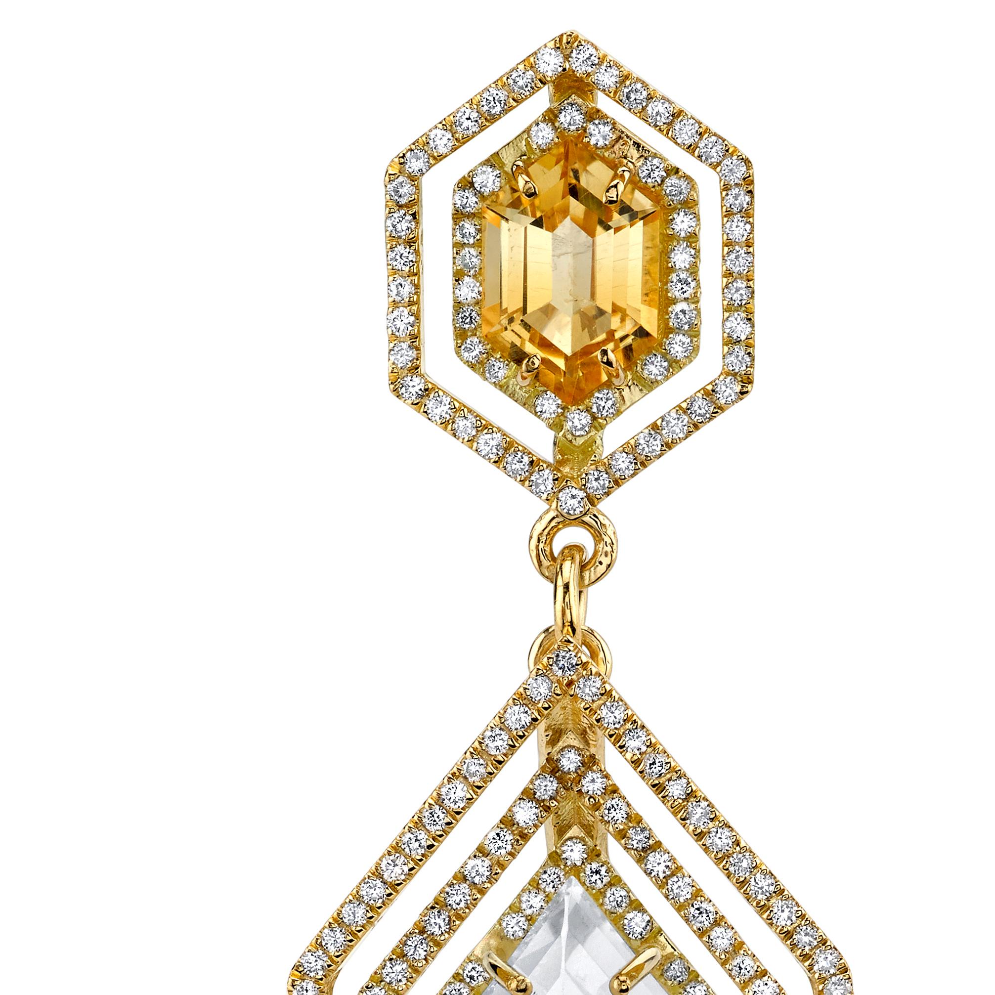 Taglio misto Orecchini Stratum Diamante Pietra di Luna Citrino Oro giallo 18k in vendita