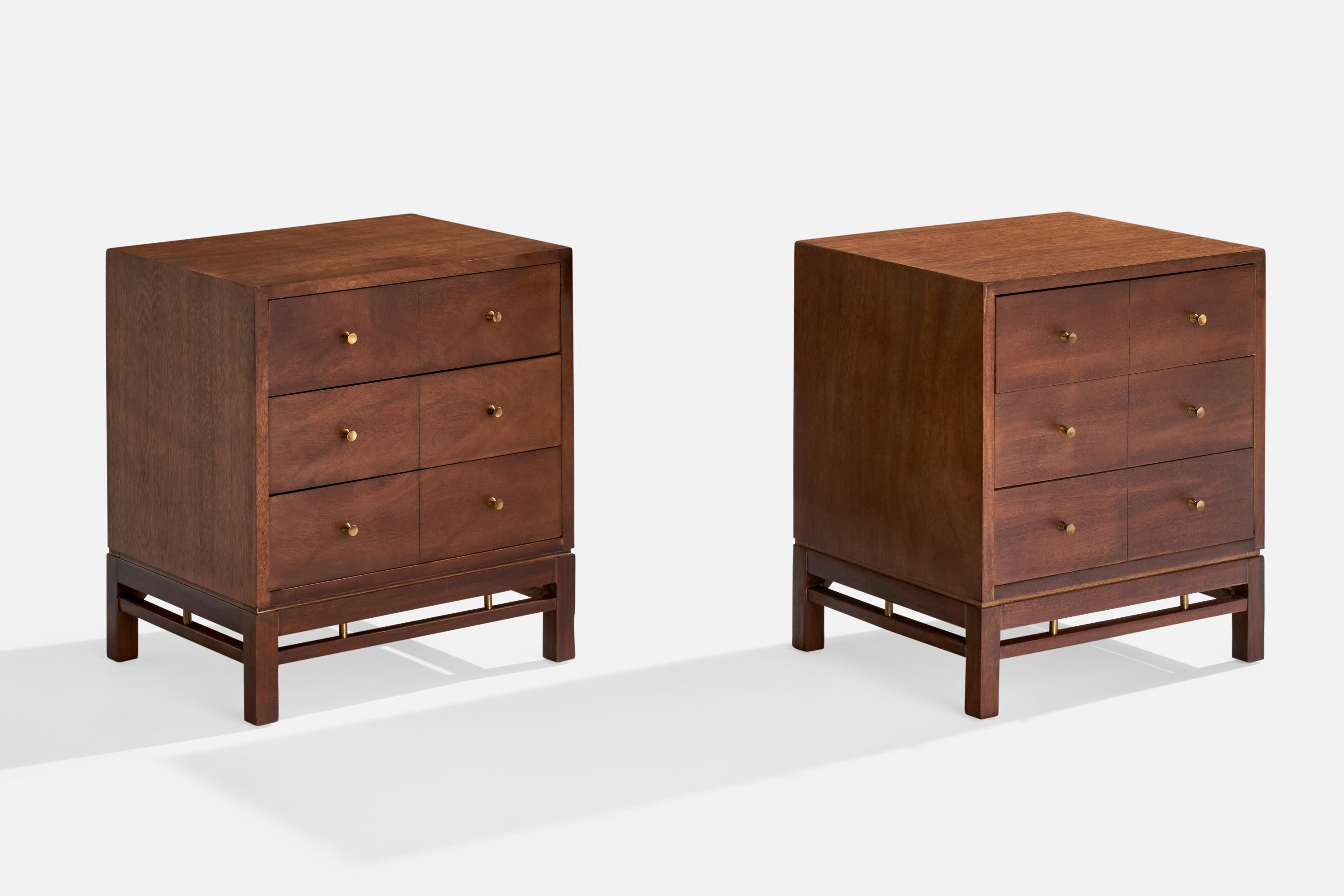 A pair of walnut and brass nightstands produced by Stratford Fine Furniture, New York, USA, c. 1950s.

Dimensions: 25” H x 21” W x 17” D